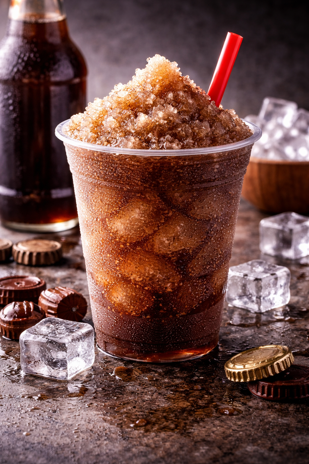 Root beer slushy in a clear plastic cup, filled with dark brown crushed ice and a red straw, surrounded by ice cubes and a root beer bottle on a rustic background.