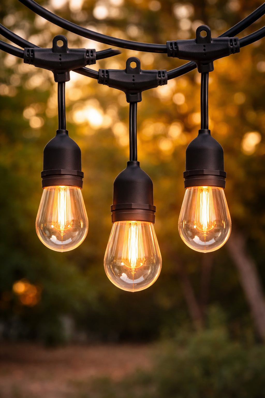 48 foot warm glowing Edison-style string lights with black sockets hanging from a black cable, shown in a portrait view with a soft golden outdoor background.