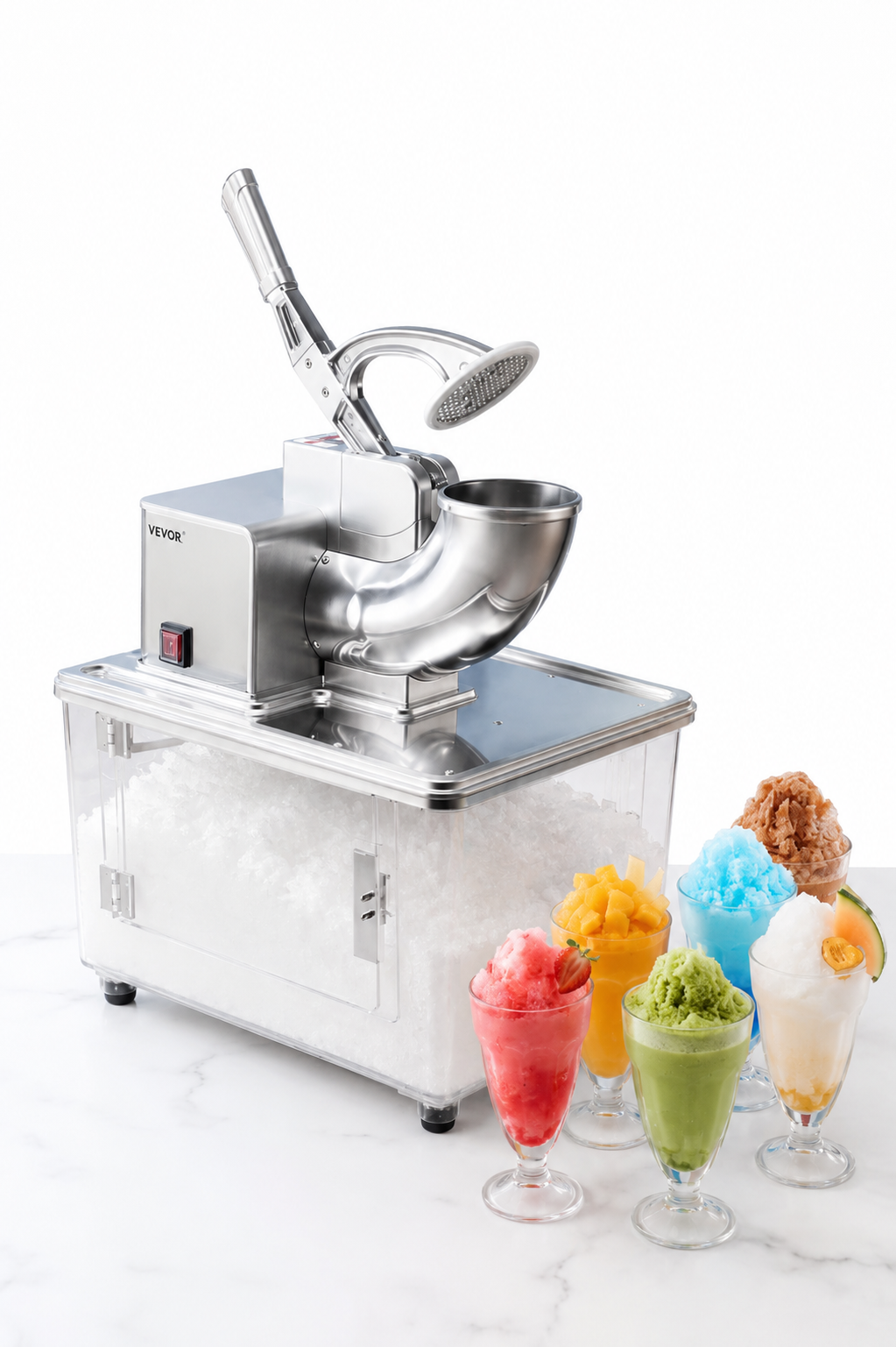 Commercial stainless steel snow cone machine with an 11-gallon insulated ice storage bin filled with shaved ice, displayed alongside colorful snow cones in a variety of flavors.