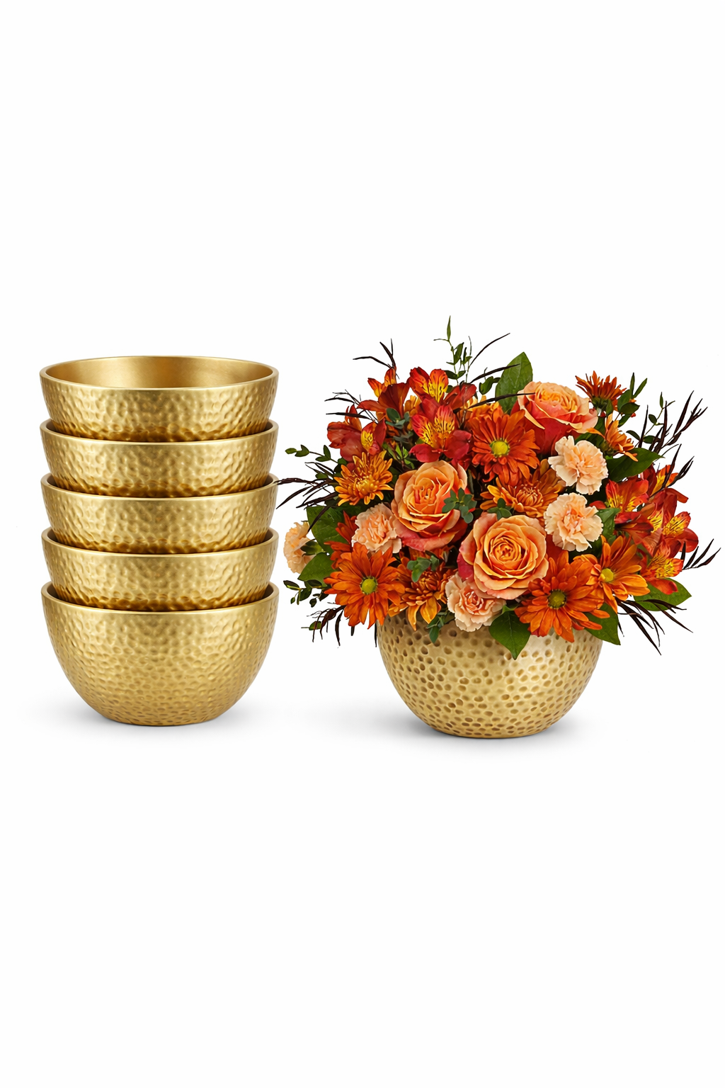 Five empty gold hammered bowls stacked on the left, with a matching gold bowl on the right filled with a vibrant arrangement of orange roses, chrysanthemums, carnations, and greenery on a clean white background.