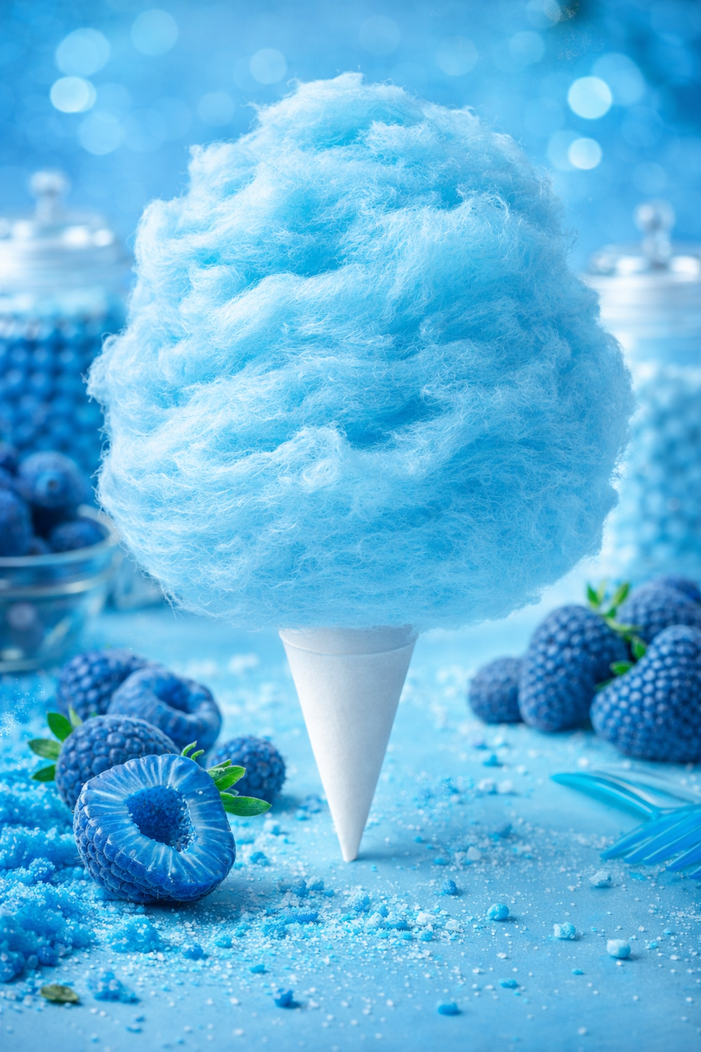 Blue raspberry cotton candy on a cone with fresh berries and blue sugar accents, colorful party treat