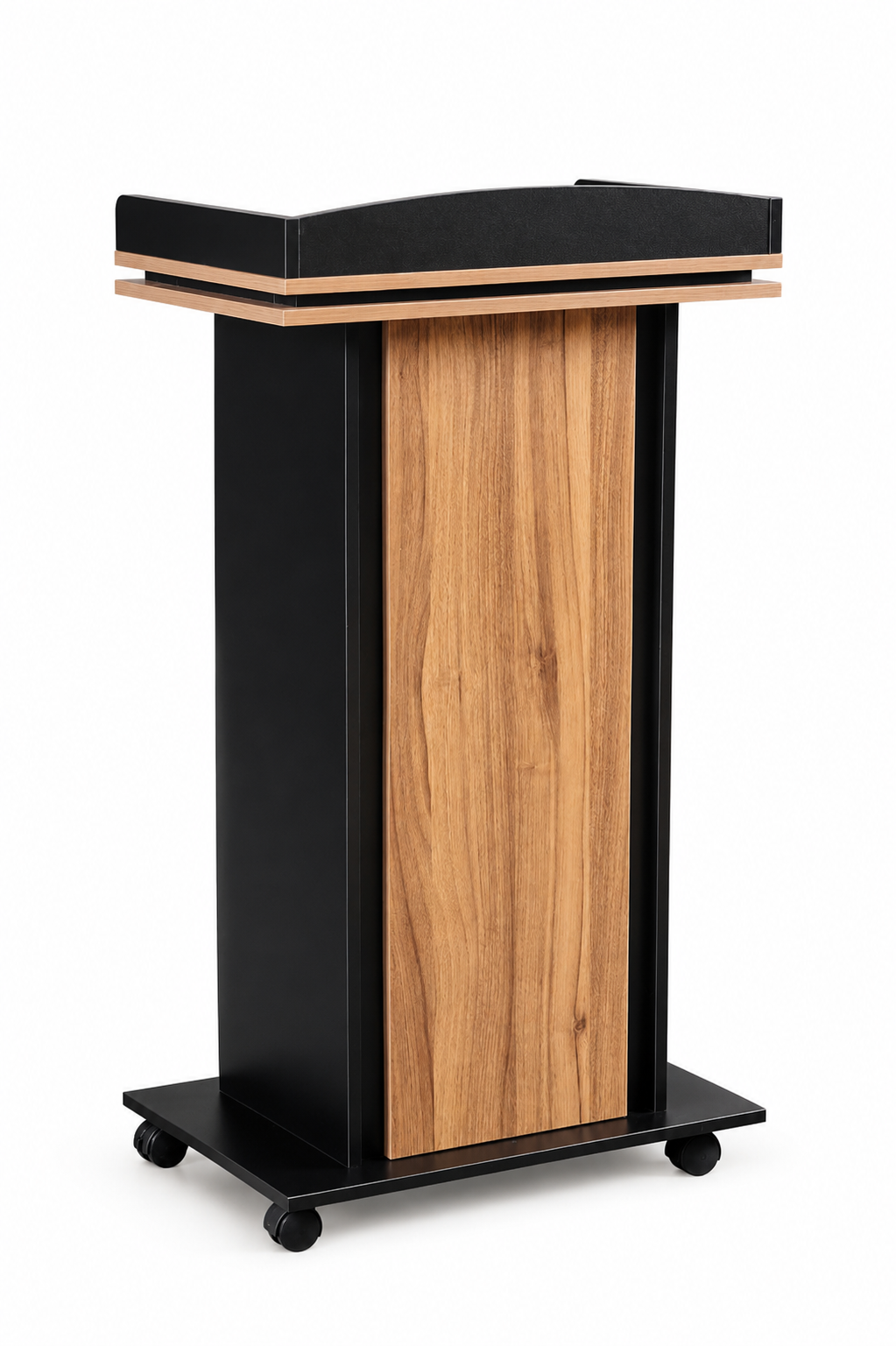 Modern black and wood podium with a warm wood front panel, contemporary curved top, and locking caster wheels, displayed on a clean white background for presentations, speeches, and events.
