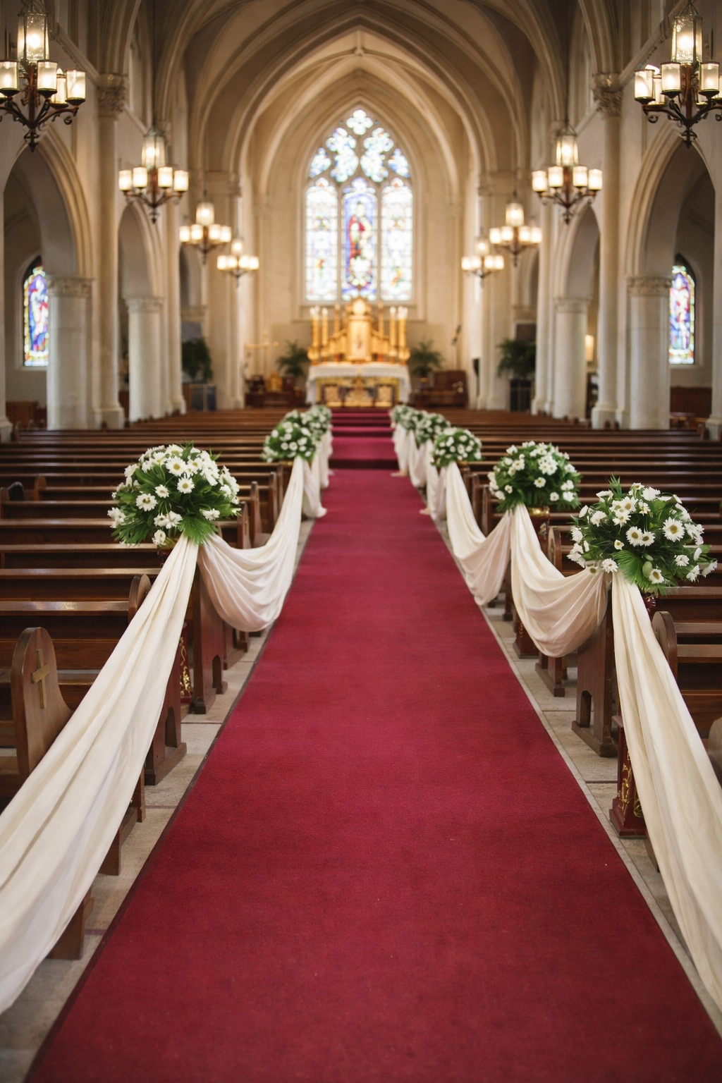 Elegant church wedding aisle with red carpet, ivory draping on wooden pews, and white floral arrangements leading to a grand altar.