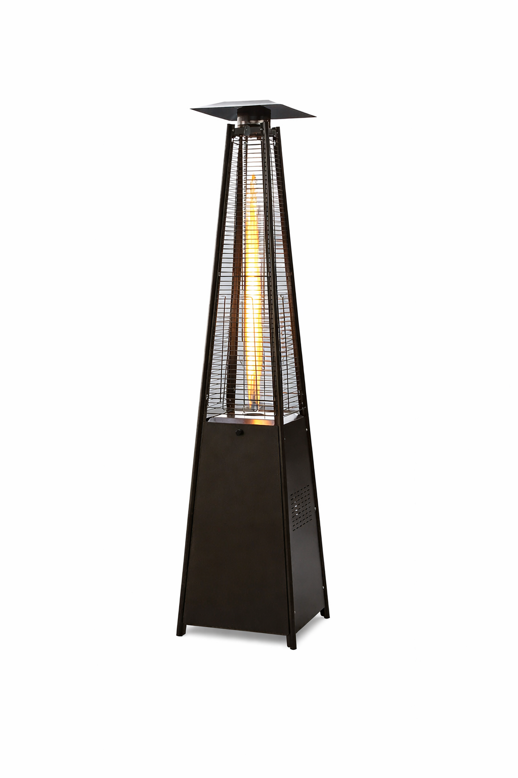 Outdoor pyramid patio heater with visible flame inside a quartz glass tube and protective metal cage, freestanding propane heater for outdoor events, patios, weddings, and backyard gatherings.