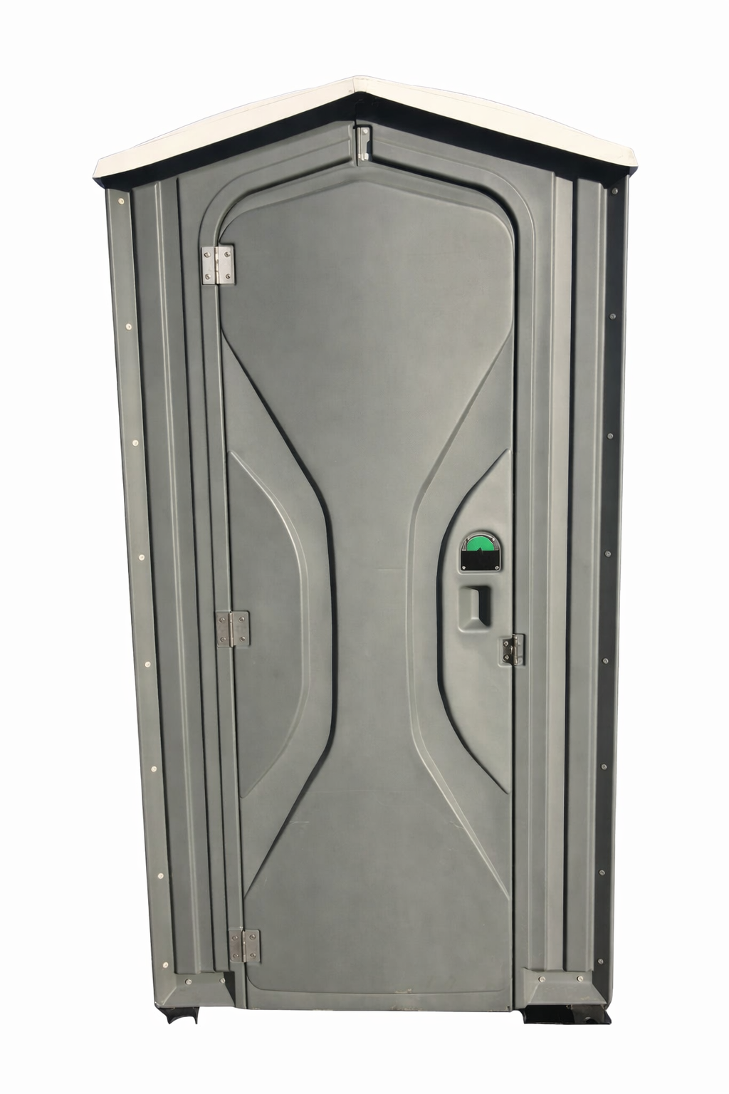 Front view of a gray portable toilet with a closed door, occupancy indicator, and white roof on a plain background.