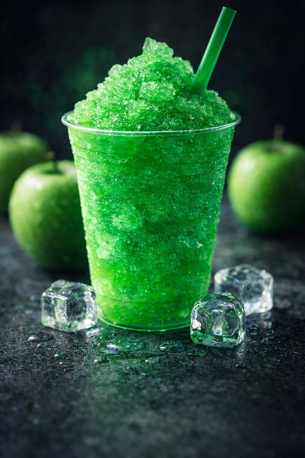 Cherry slushy in a clear plastic cup, filled with bright red crushed ice and a yellow straw, surrounded by fresh cherries and ice cubes on a dark, moody background.