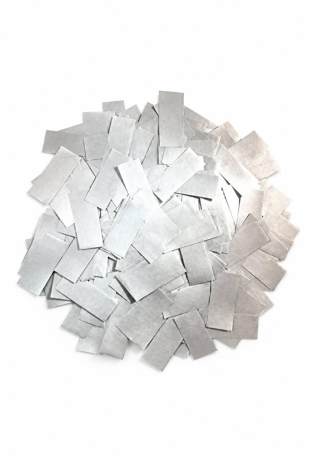 Silver rectangular tissue paper confetti pieces for confetti machine rentals and event celebrations.