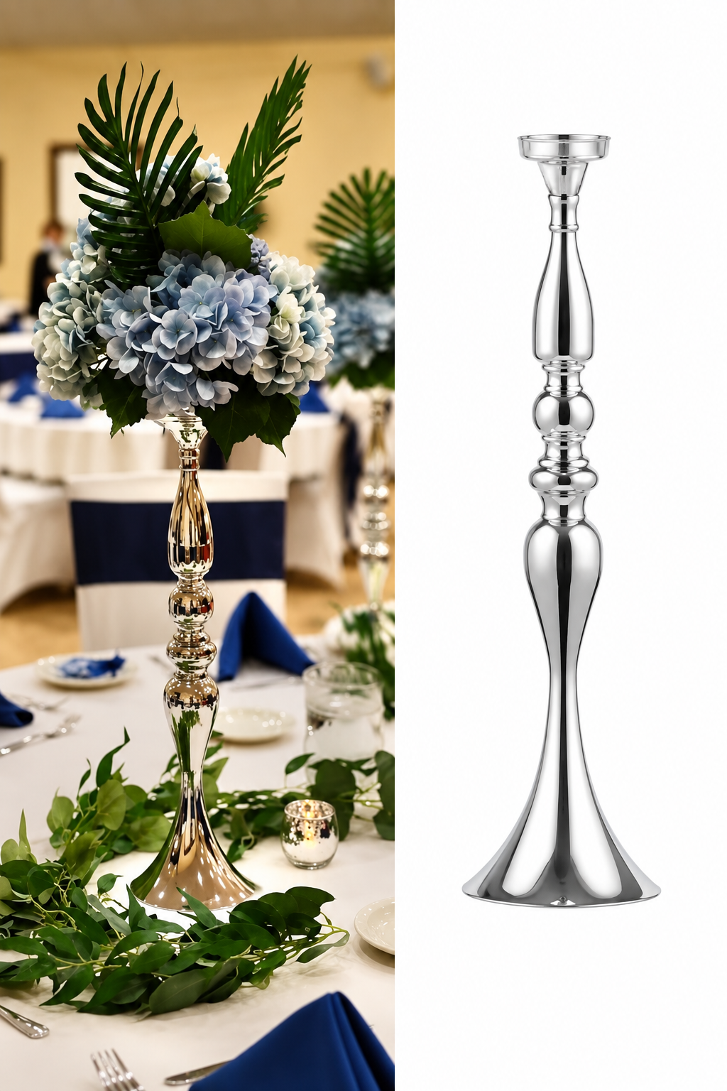 19.7-inch silver centerpiece stand with a sculpted metal stem and flared base, pictured beside a decorated banquet table with flowers.