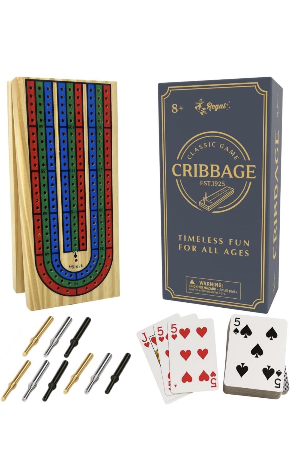 Wooden cribbage board set with pegs and playing cards for classic scoring game