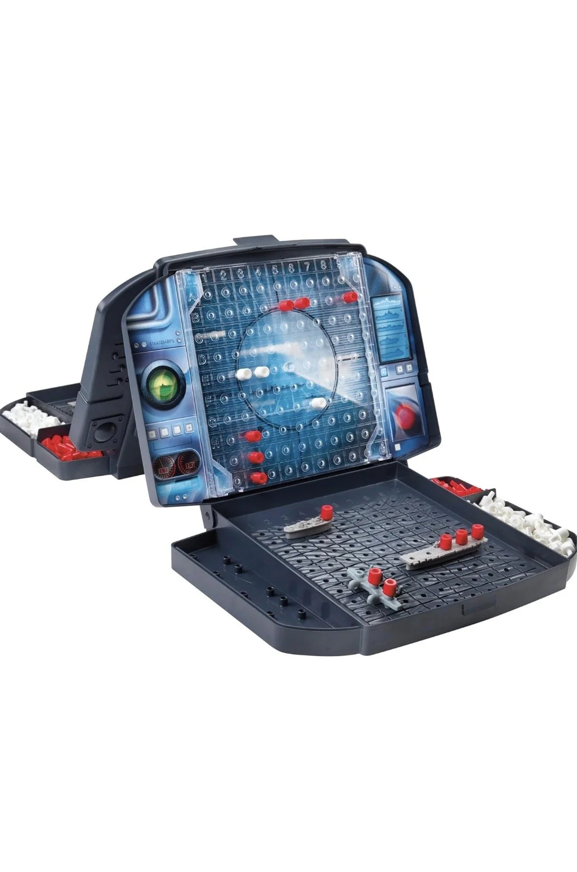 Electronic Battleship board game open with grid, ships, and red and white pegs
