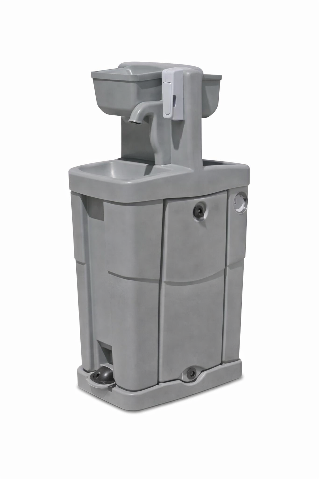 Freestanding gray portable handwashing station with sink, faucet, soap dispenser, and foot pump on a clean white background.