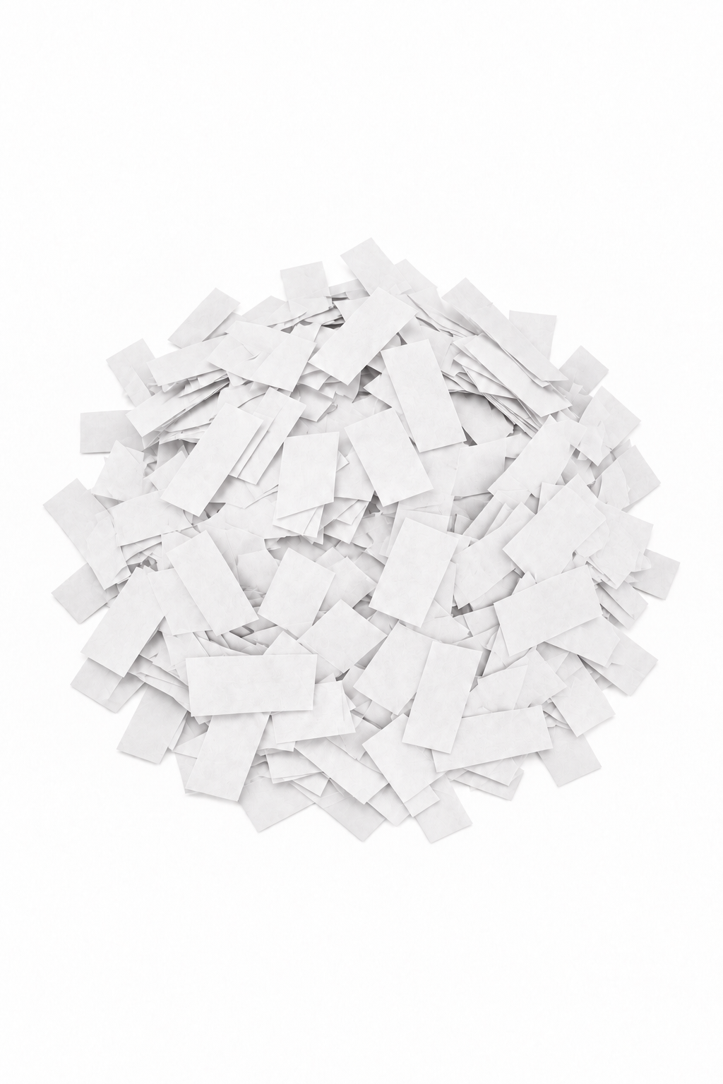 White rectangular tissue paper confetti pieces for confetti machine rentals and event celebrations.