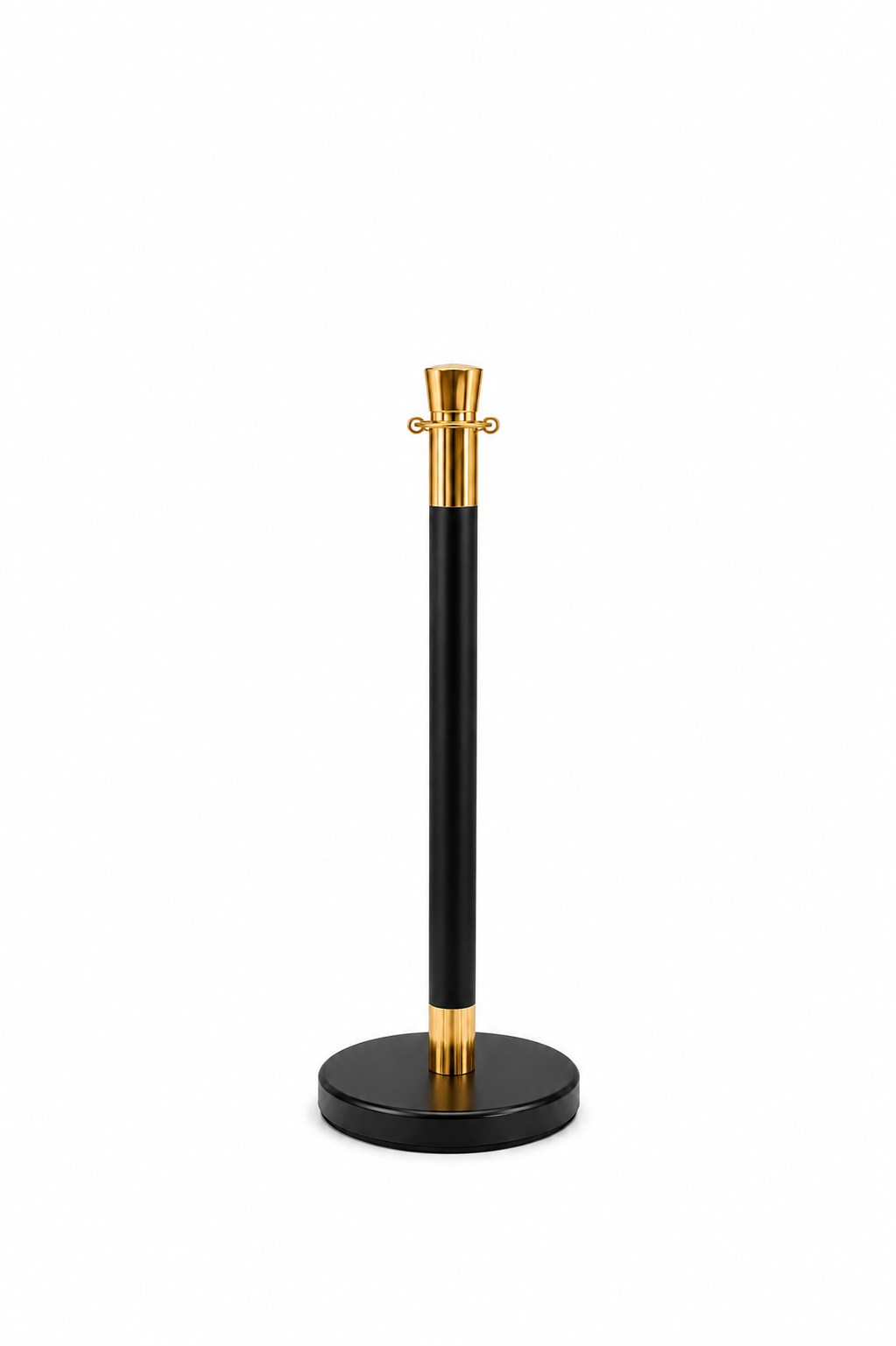 Single black stanchion with polished gold accents and a weighted round base, displayed on a clean white background. Ideal for creating elegant queue lines and VIP entrances at weddings, galas, corporate events, and red carpet occasions.