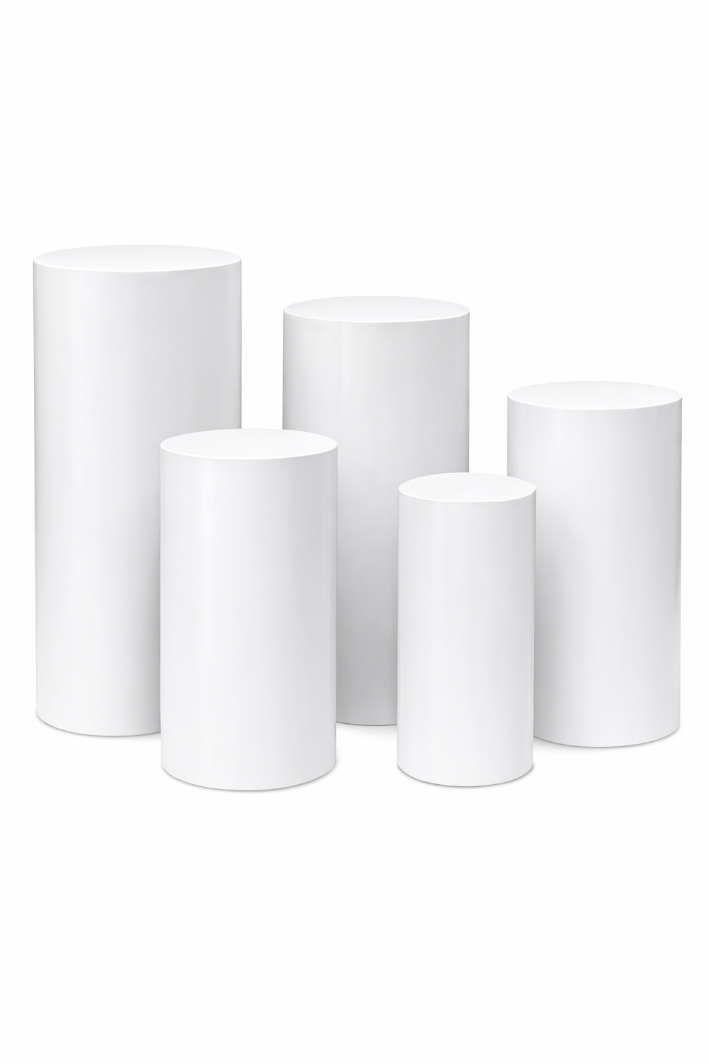 Set of five white cylindrical display pedestals in varying heights, perfect for dessert displays, wedding decor, event backdrops, product displays, and party rentals.