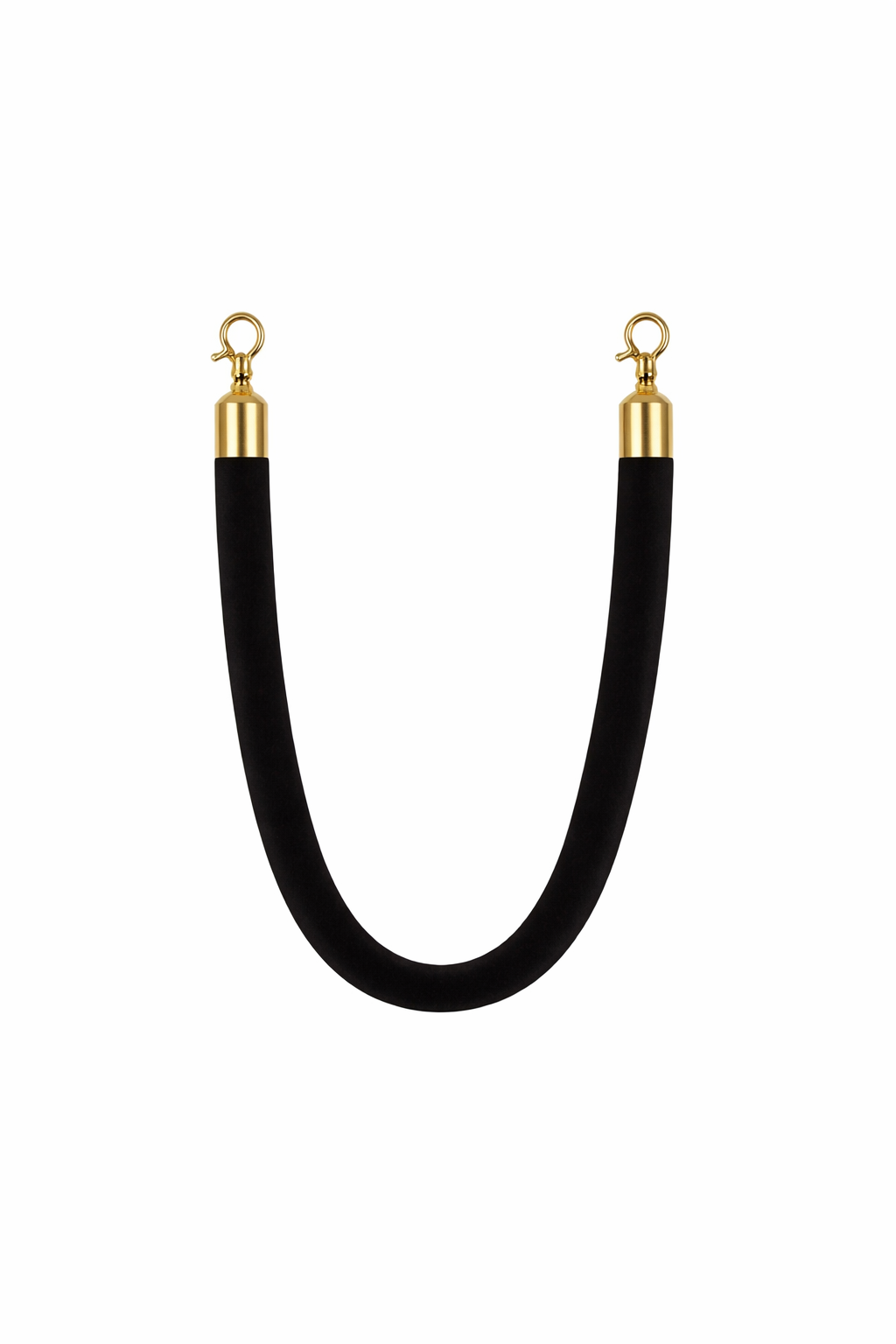 Black velvet stanchion rope with polished gold hooks on both ends, displayed in a U-shape on a clean white background—perfect for VIP entrances, red carpet events, and upscale venue crowd control.