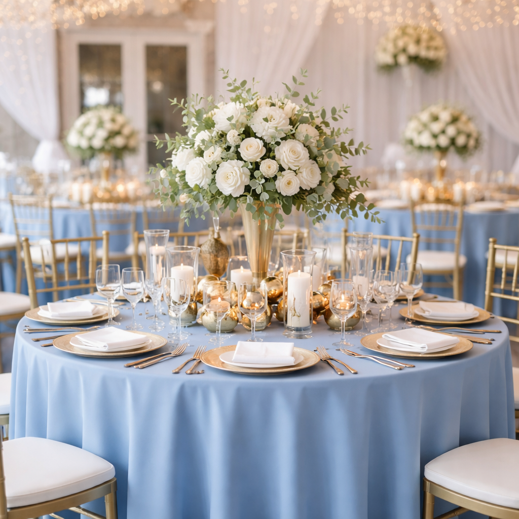 Elegant wedding table setup with dusty blue linens, gold Chiavari chairs, white floral centerpiece, and candlelight decor in Portland Oregon