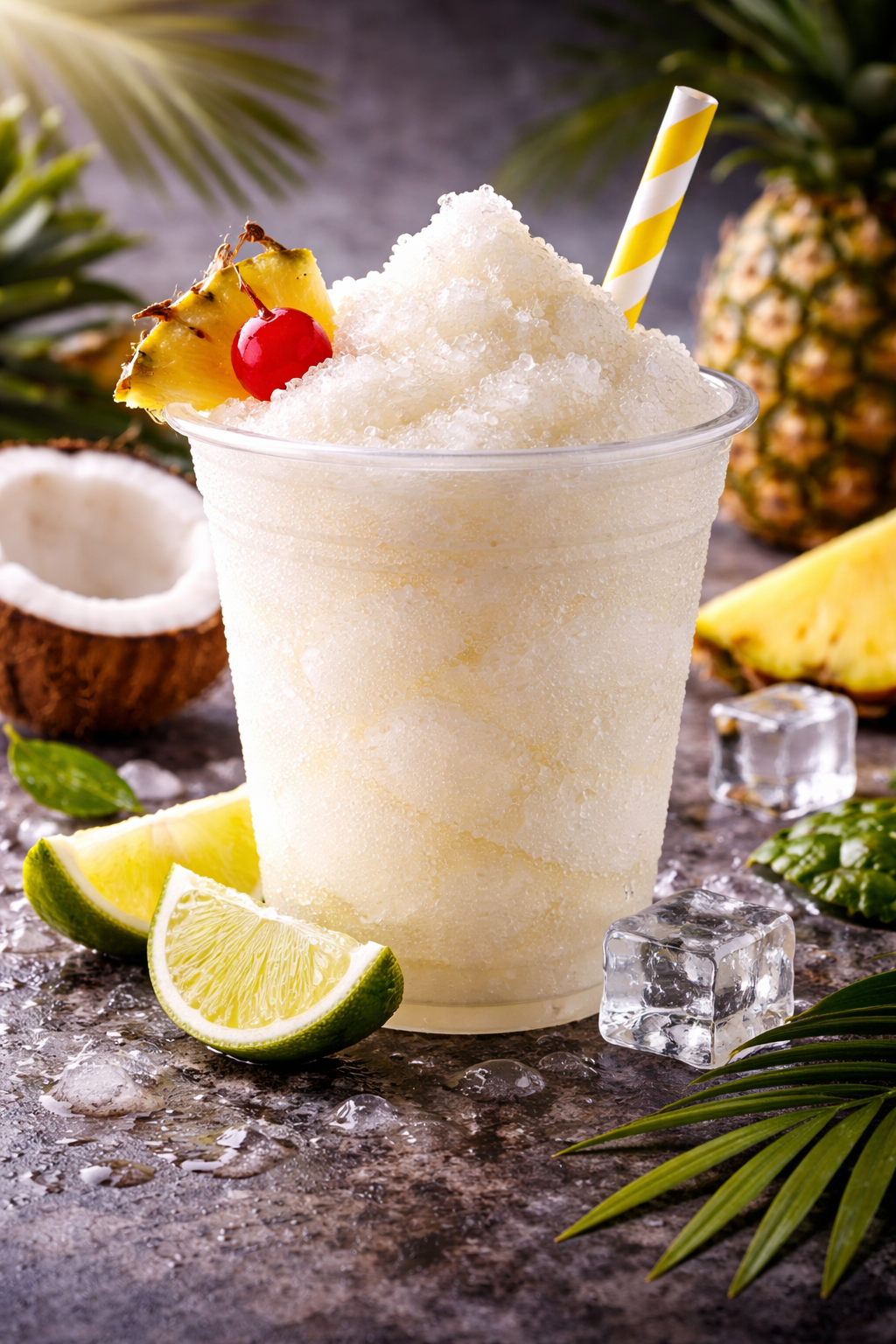 Piña colada slushy in a clear plastic cup, filled with creamy crushed ice and a striped straw, garnished with a pineapple wedge and cherry, surrounded by fresh pineapple, coconut, lime wedges, and ice cubes on a tropical background.