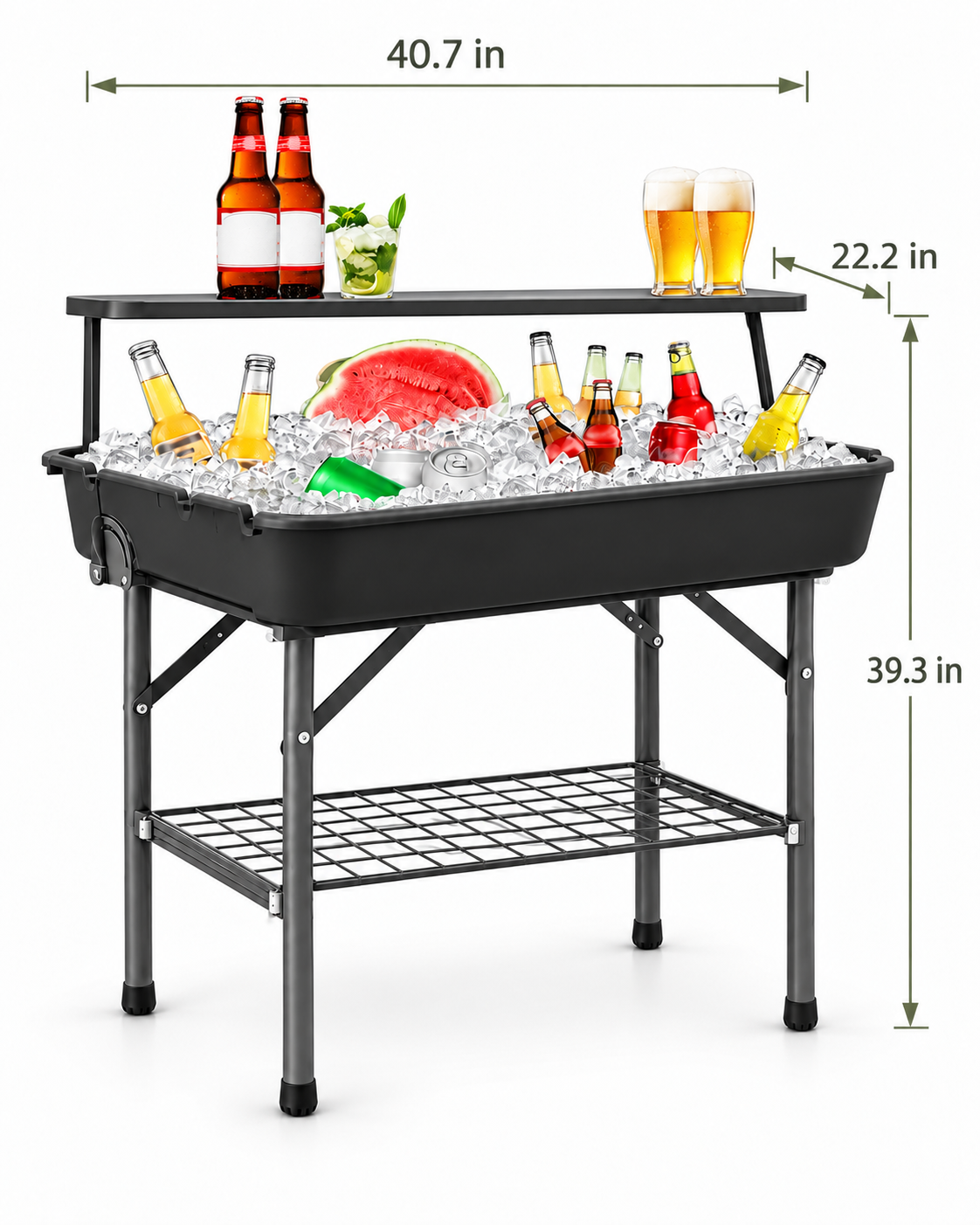 Black elevated ice chest table filled with bottled and canned drinks, featuring upper and lower shelves and measuring 40.7 inches wide, 22.2 inches deep, and 39.3 inches high.