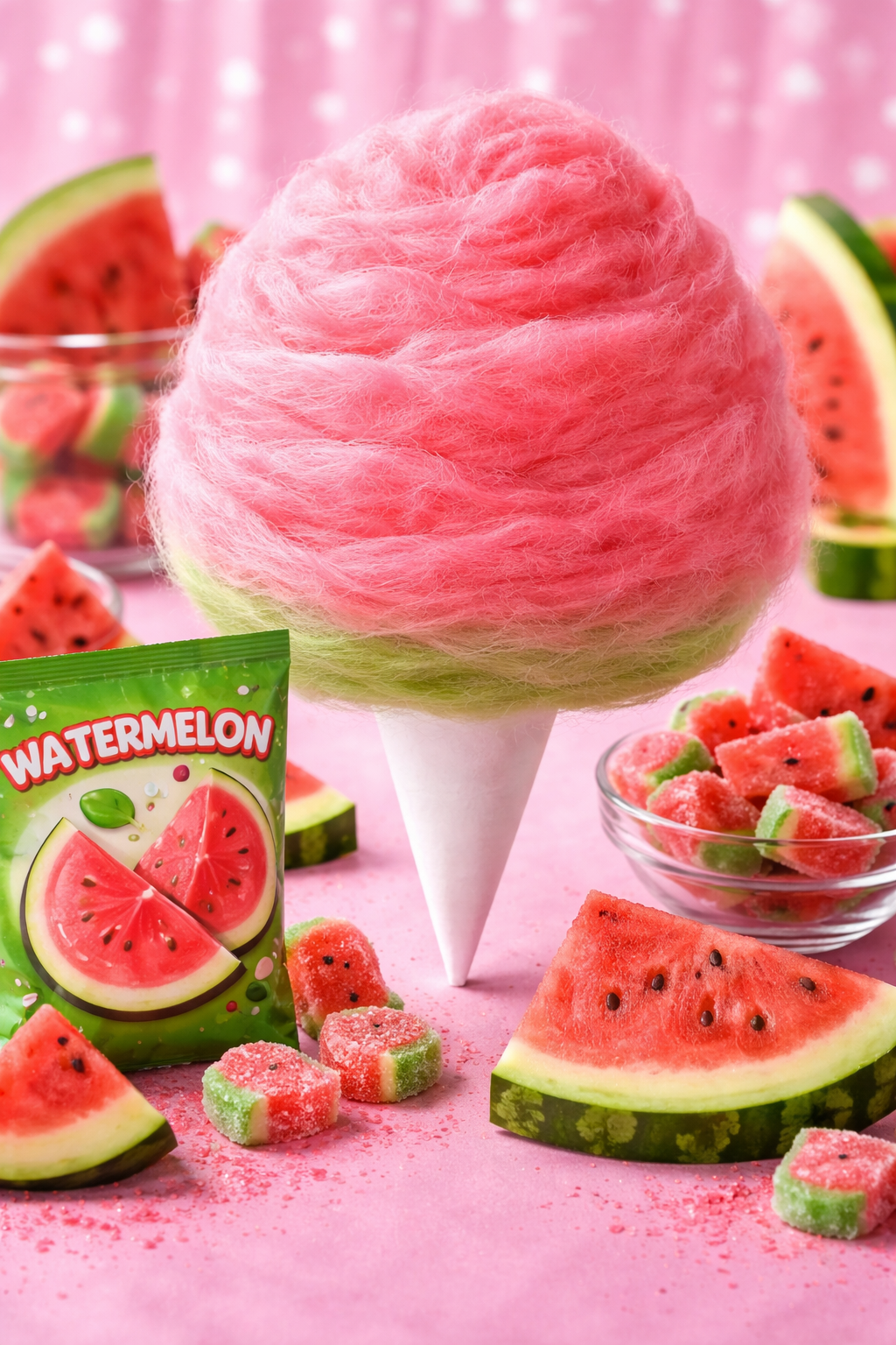 Watermelon flavored cotton candy on a cone with fresh watermelon slices and candy pieces, bright and playful setup