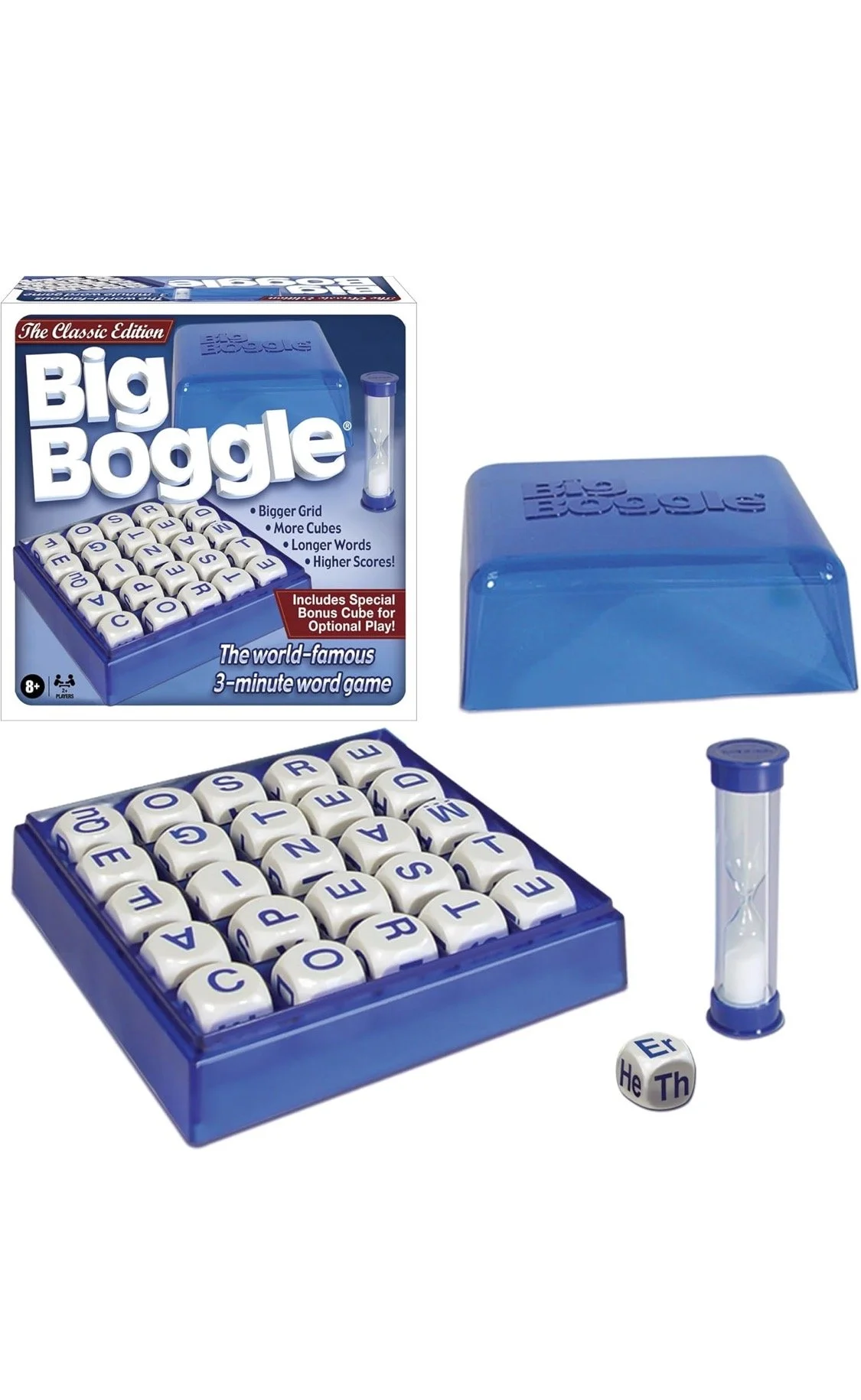 Boggle word search game with letter grid, timer, and dice