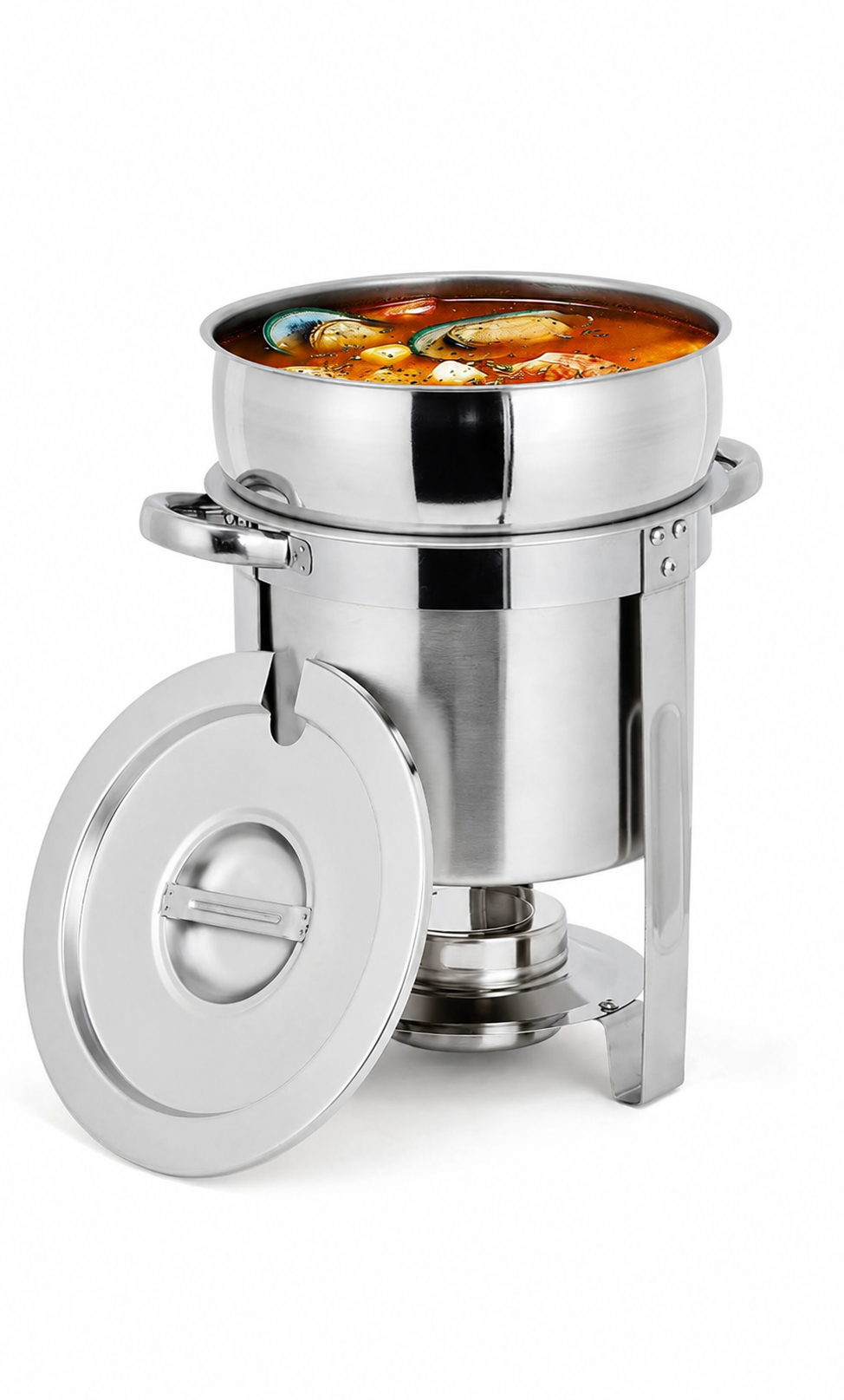 11-quart stainless steel soup chafer set with two round chafing dishes on sturdy stands, one with the lid open displaying hot soup and the other covered, ideal for buffets, catering, weddings, and special events.