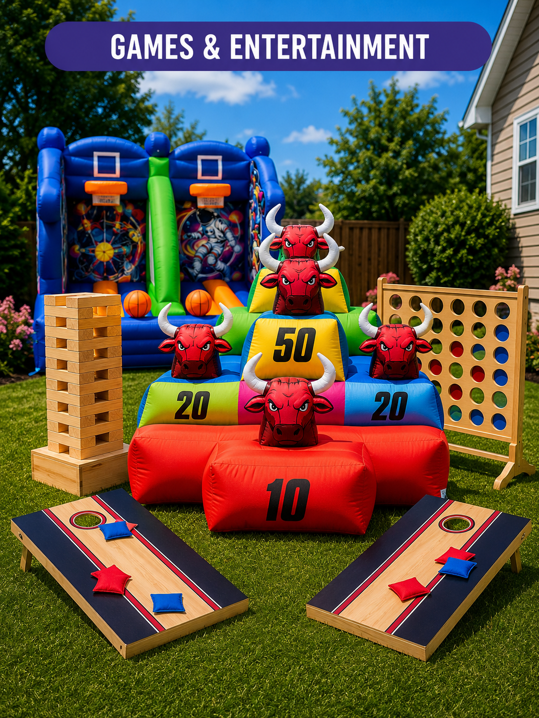 variety of games connect 4, ring toss, blocks, cornhole, dual basketball outdoor yard games