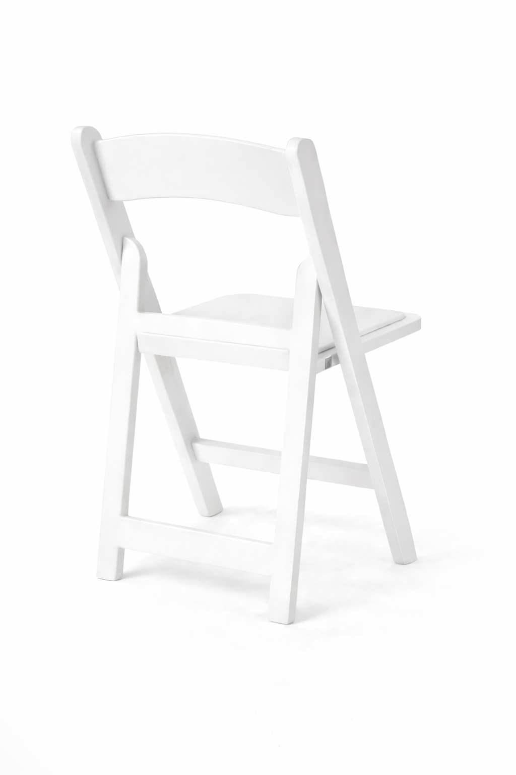 White resin folding chair photographed on a plain light background, shown at an angle with the curved backrest and seat visible, commonly used for weddings, ceremonies, and event seating.