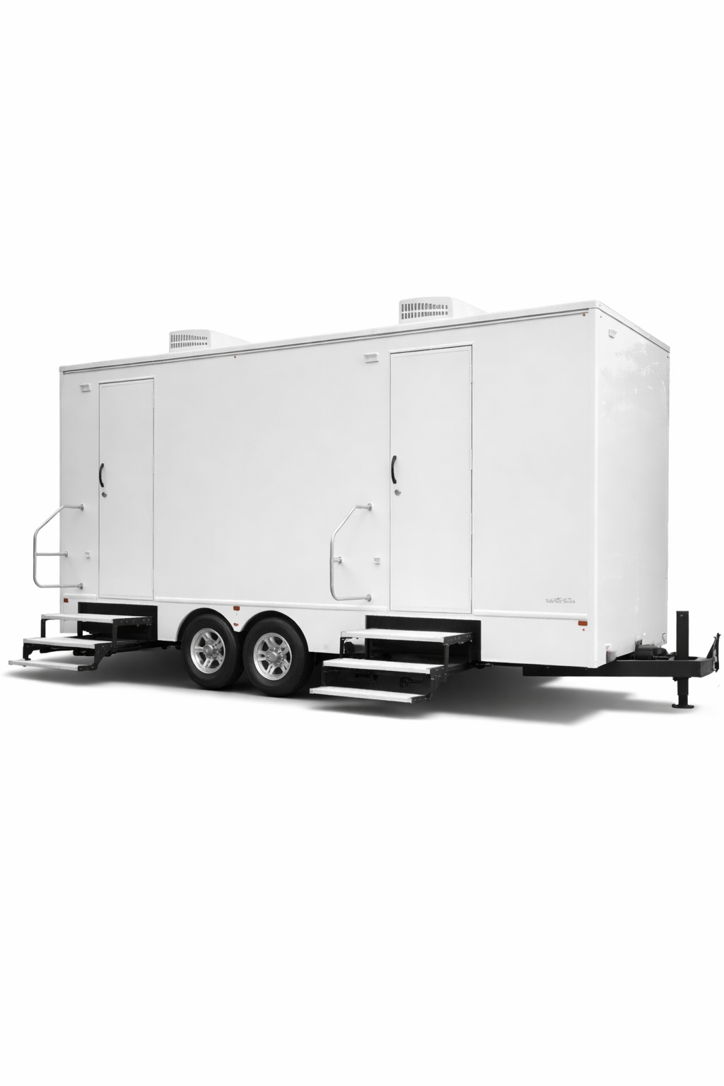 Two-door eight-stall portable restroom trailer with steps and tow hitch.