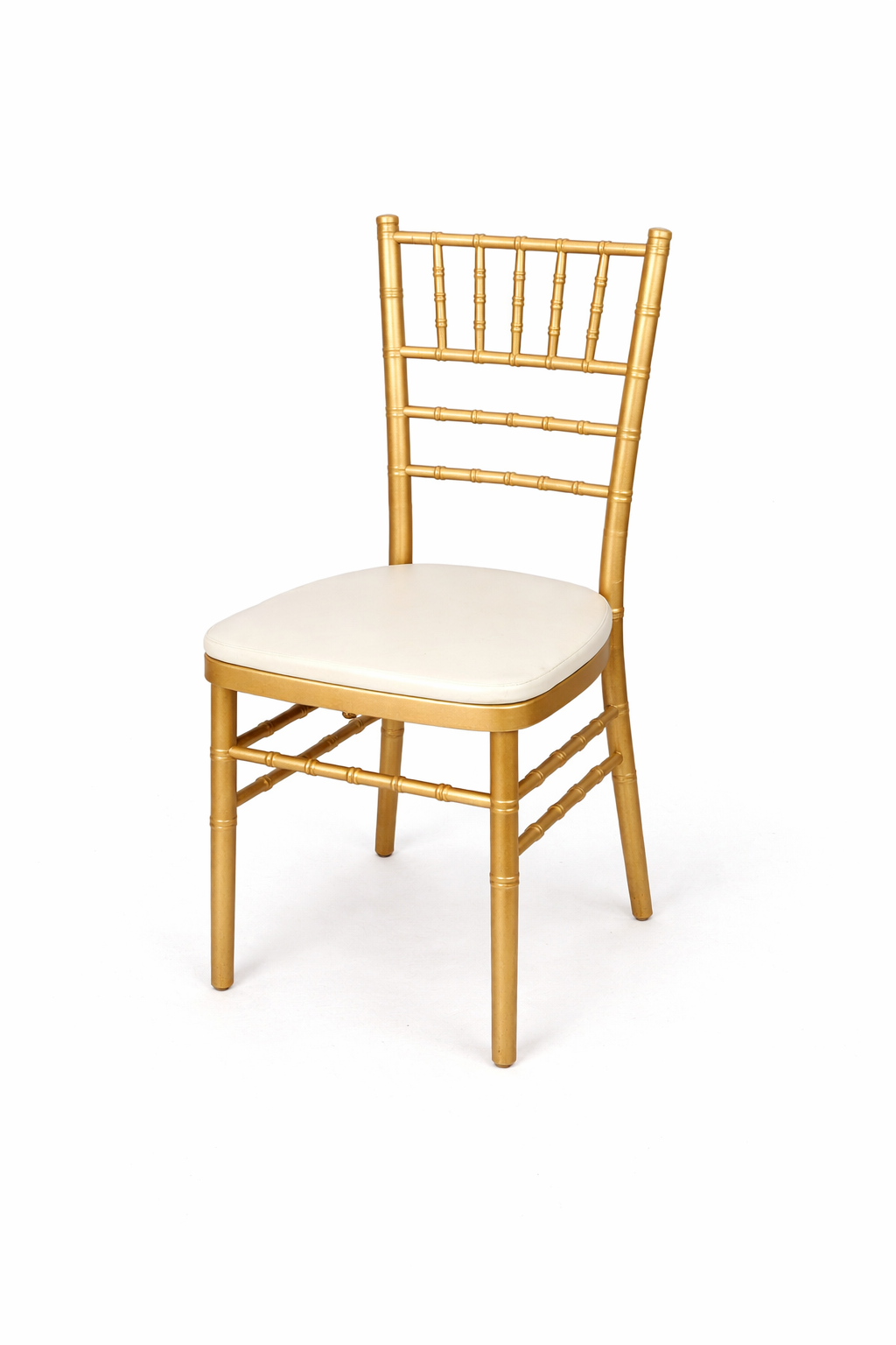 Gold Chiavari chair with ivory seat cushion isolated on a clean white background, shown at a slight angle for event or wedding seating rental.