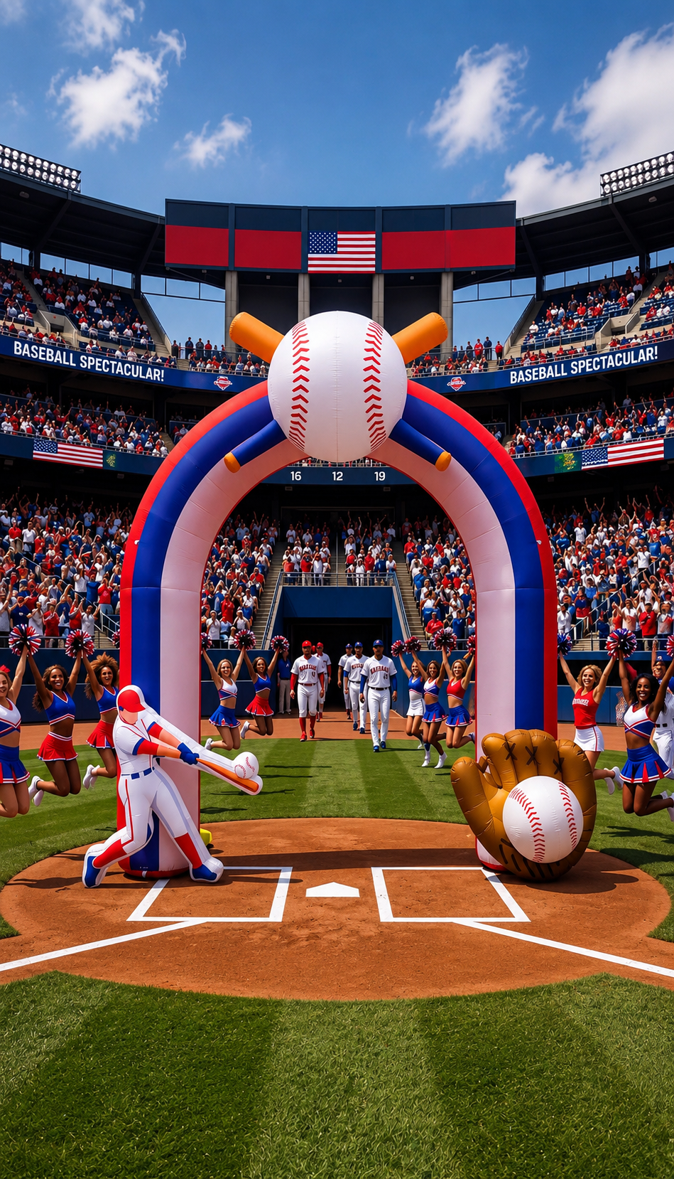 Large patriotic baseball inflatable arch with a giant baseball and crossed bats displayed on a baseball field entrance during a sporting event with cheering fans in the background.