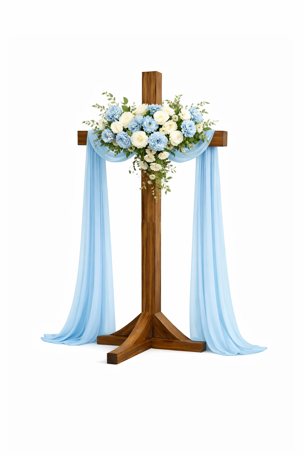 Wooden ceremony cross decorated with light blue hydrangeas, white roses, and greenery with soft light blue chiffon draping, perfect for weddings, baptisms, and church ceremonies.