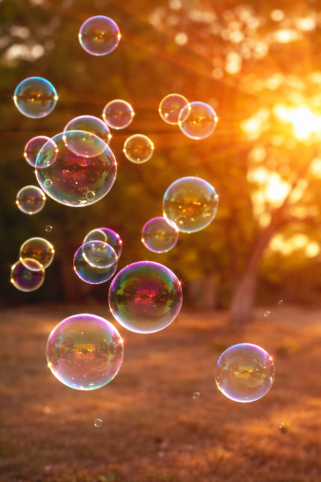 Colorful soap bubbles floating in the air during golden hour with warm sunlight shining through trees in the background, creating a dreamy outdoor scene with iridescent reflections on the bubbles