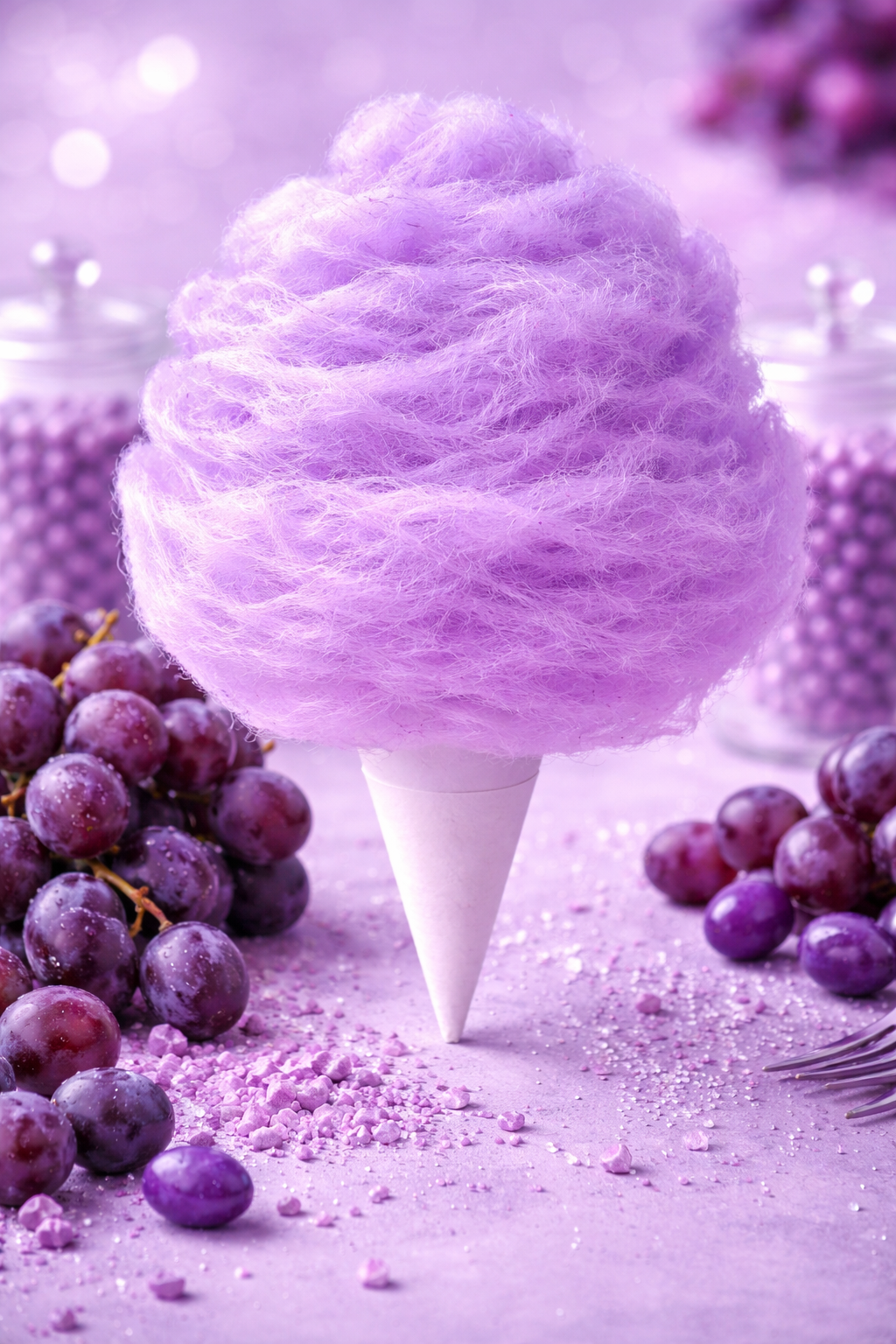 Grape cotton candy on a cone surrounded by fresh grapes and purple candy accents, elegant dessert display
