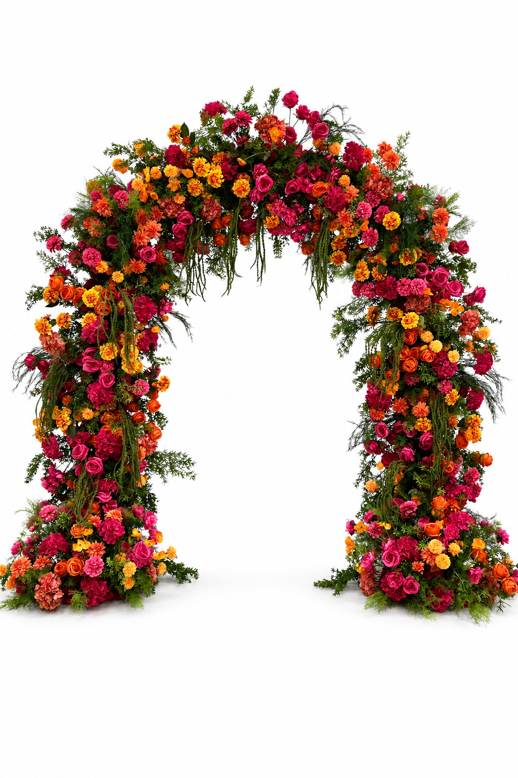Pink and orange floral wedding arch with roses, dahlias, cascading greenery, and an open center.