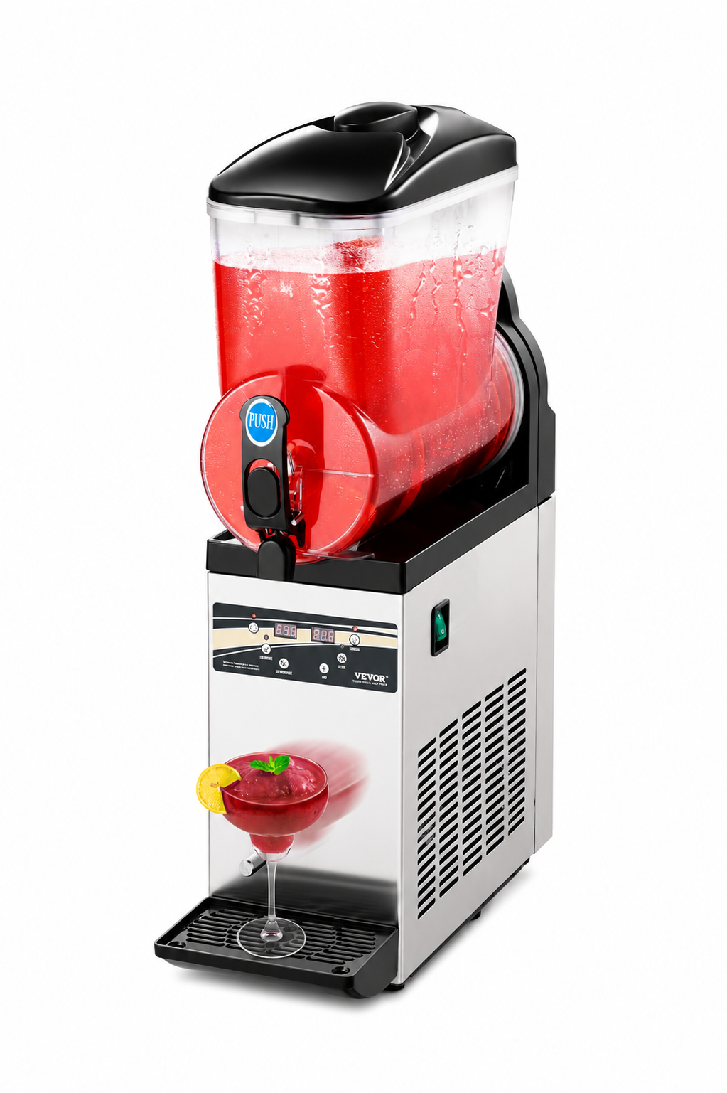 Commercial dual-tank slushy machine with red and blue frozen drinks, stainless steel base and two dispensers.