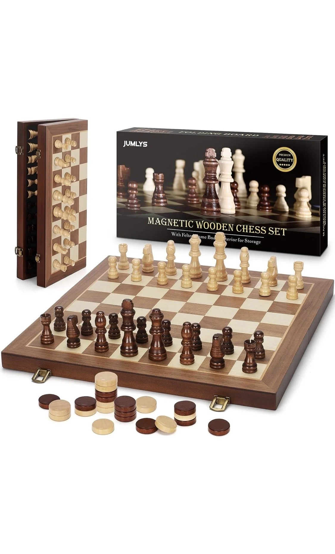 Magnetic wooden chess set with folding board and classic chess pieces