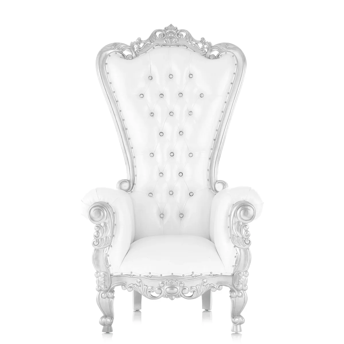 Elegant white and silver throne chair with crystal-tufted upholstery and an ornate carved silver frame, perfect for weddings, baby showers, birthdays, quinceañeras, and luxury events in Portland, Oregon.