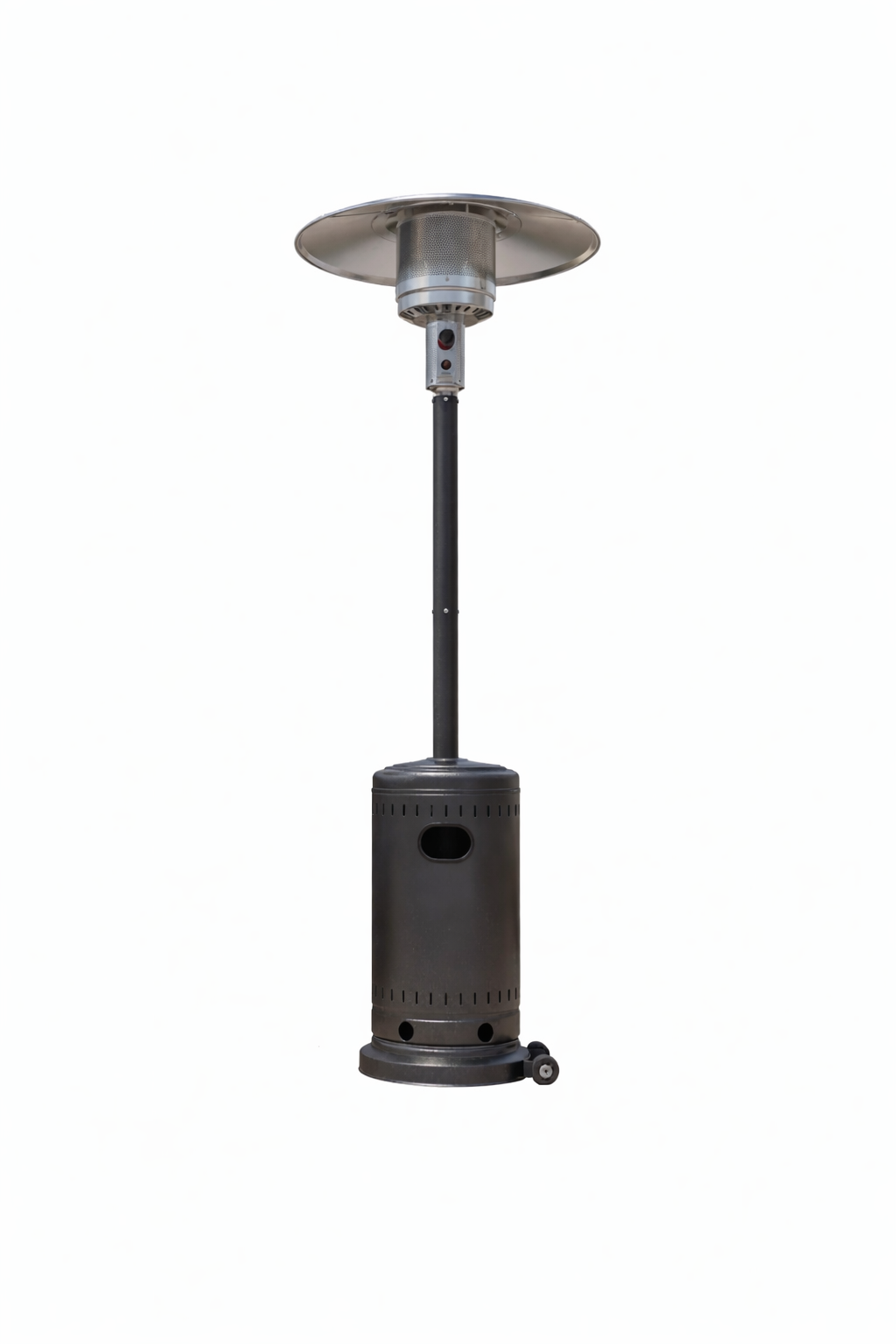 Freestanding outdoor propane patio heater with stainless steel reflector and wheeled base, ideal for warming guests at outdoor weddings, patios, parties, and event rentals.