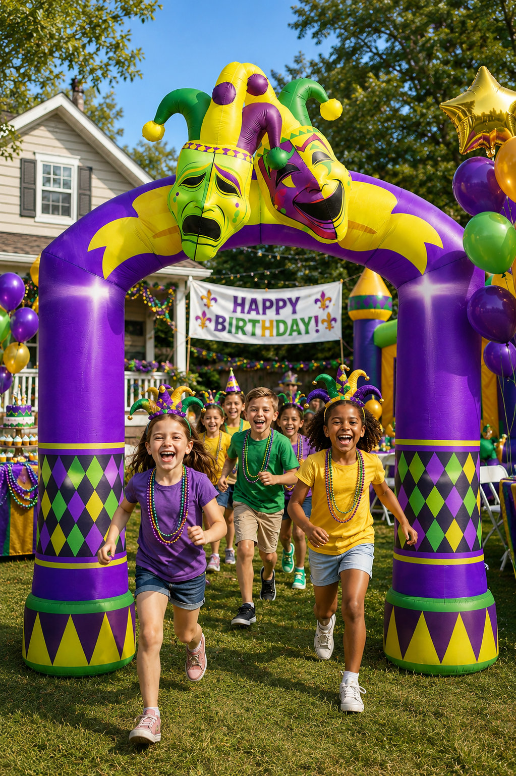 Portrait photo of a Mardi Gras-themed inflatable arch with colorful jester masks, as children wearing festive beads and hats run underneath at a lively backyard birthday party with balloons, games, and a “Happy Birthday” banner.
