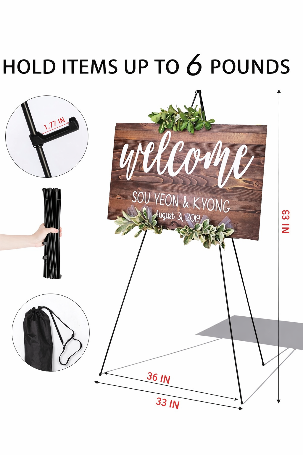 Black metal tripod easel stand holding a wedding welcome sign, with dimensions shown and a carrying bag included.