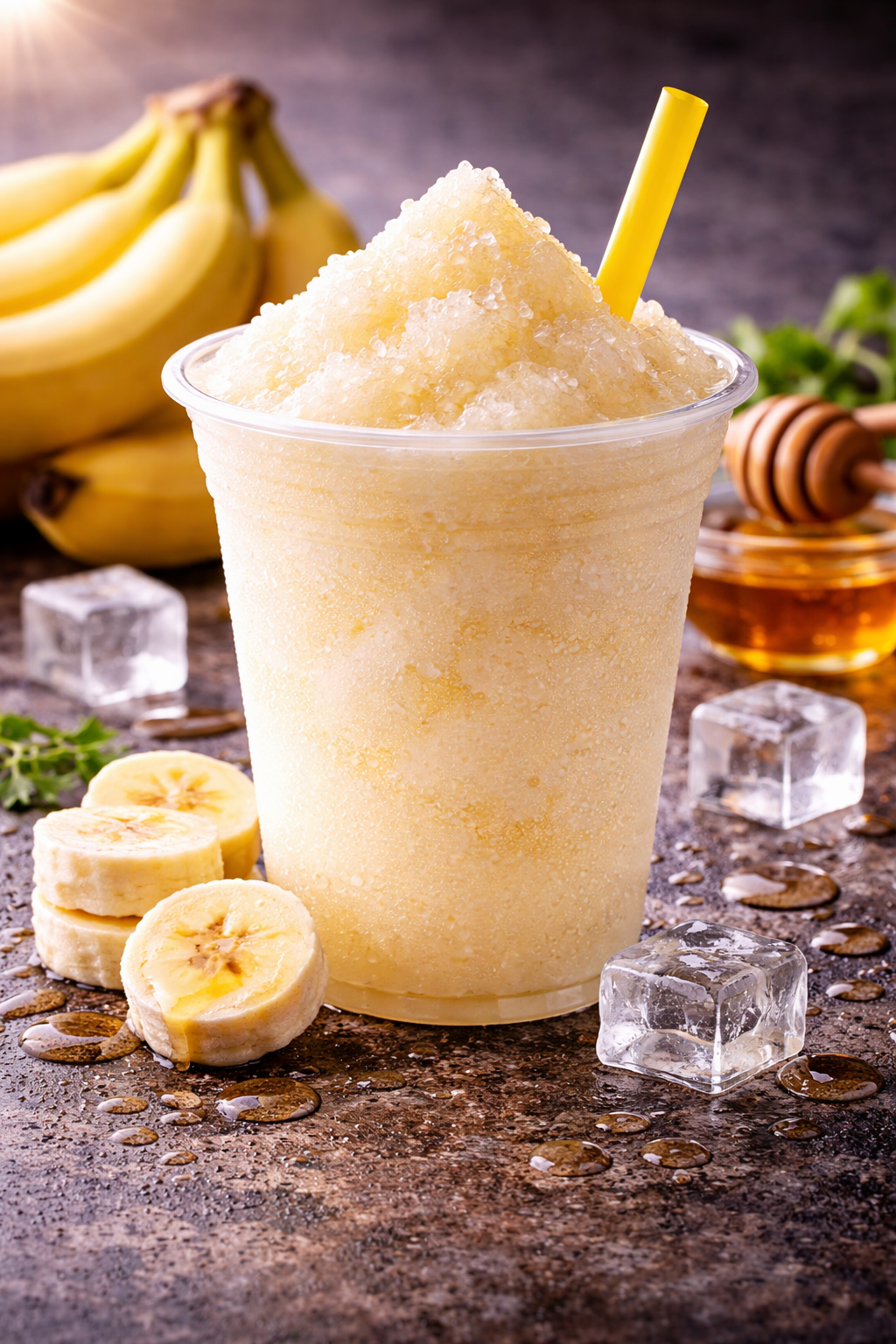 Banana slushy in a clear plastic cup, filled with pale yellow crushed ice and a yellow straw, surrounded by sliced bananas, honey, and ice cubes on a warm-toned background.