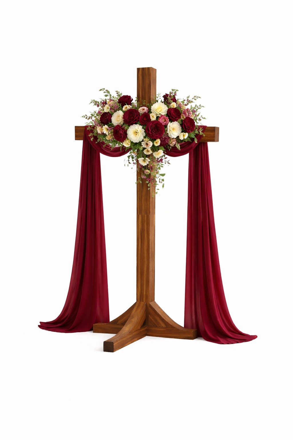 Wooden ceremony cross decorated with burgundy and white roses, greenery, and burgundy chiffon draping, perfect for weddings, church ceremonies, and Christian wedding backdrops.