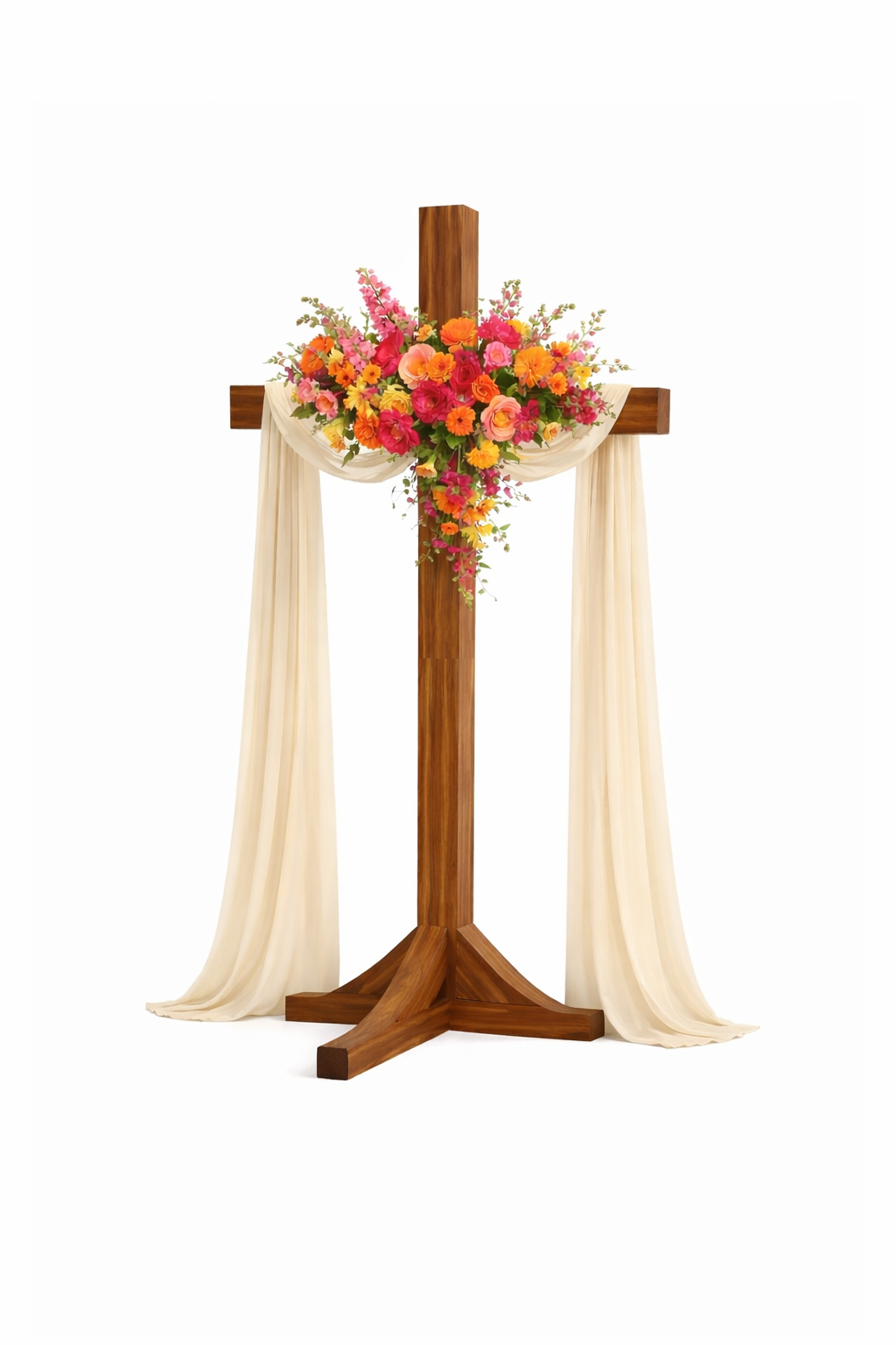 Wooden ceremony cross decorated with vibrant orange, coral, and pink florals with greenery and ivory chiffon draping, perfect for weddings, church ceremonies, and outdoor garden events.