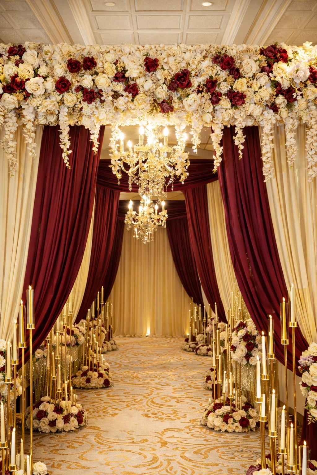 Luxury wedding aisle with burgundy and champagne draping, cascading white and red florals, crystal chandeliers, and gold candle stands lining an elegant ceremony walkway