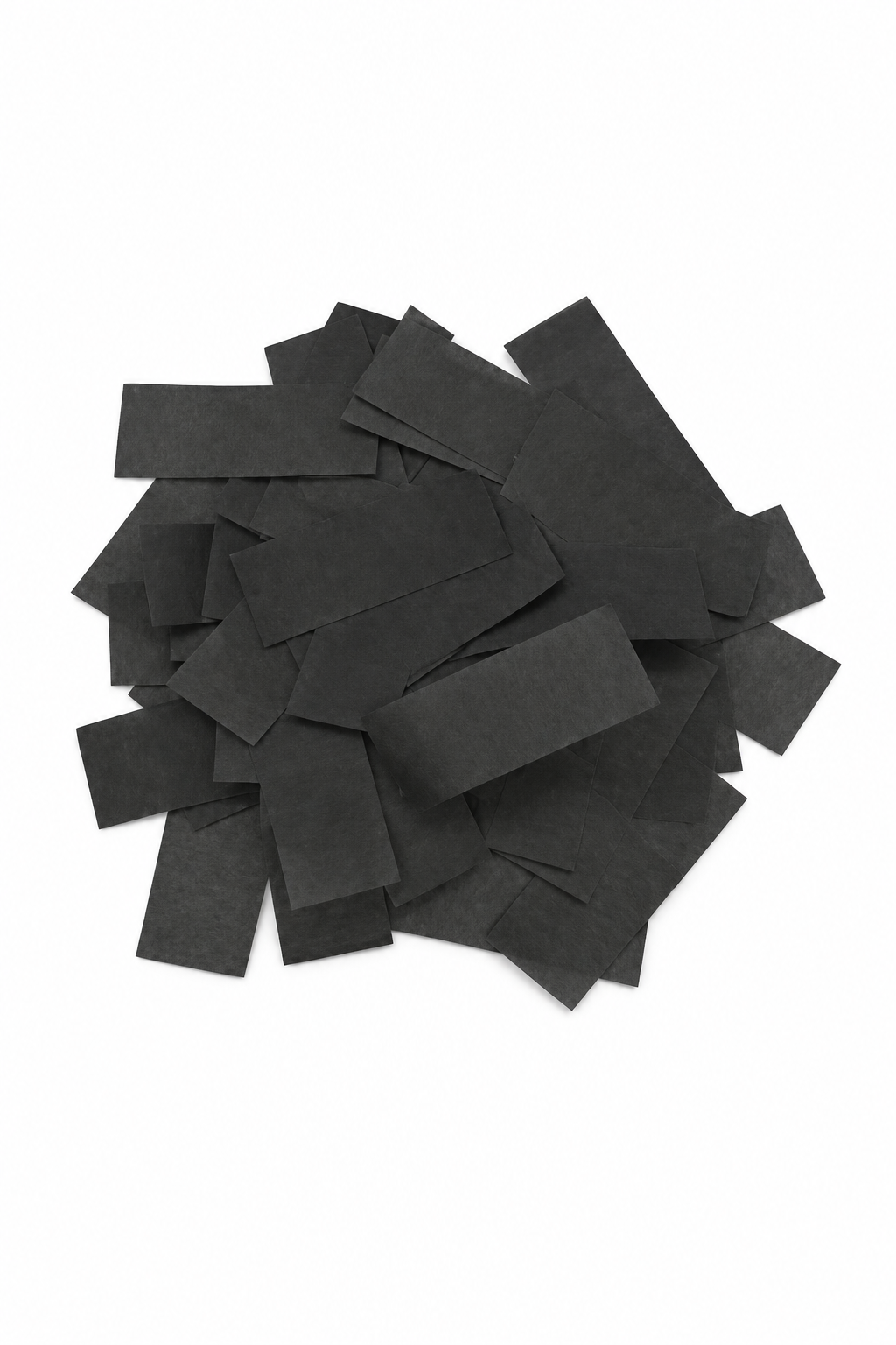 Black rectangular tissue paper confetti pieces for confetti machine rentals and event celebrations.