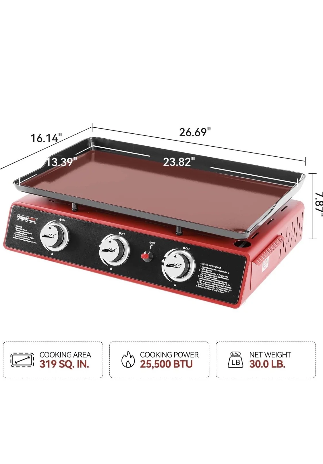 3-burner propane flat top griddle with large 319 sq. in. cooking surface and control knobs, shown with dimensions and red base on white background