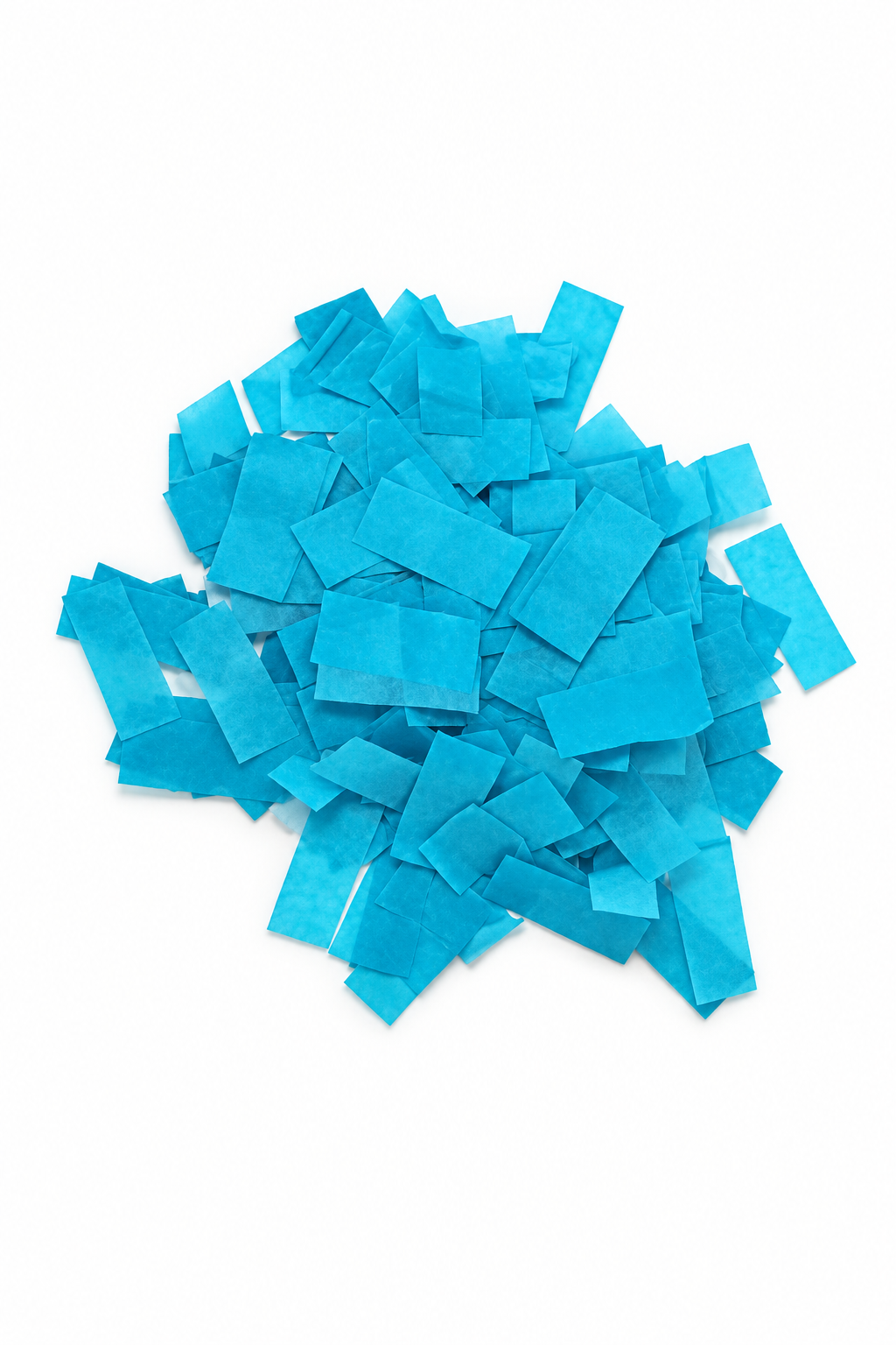 Blue rectangular tissue paper confetti pieces for confetti machine rentals and event celebrations.