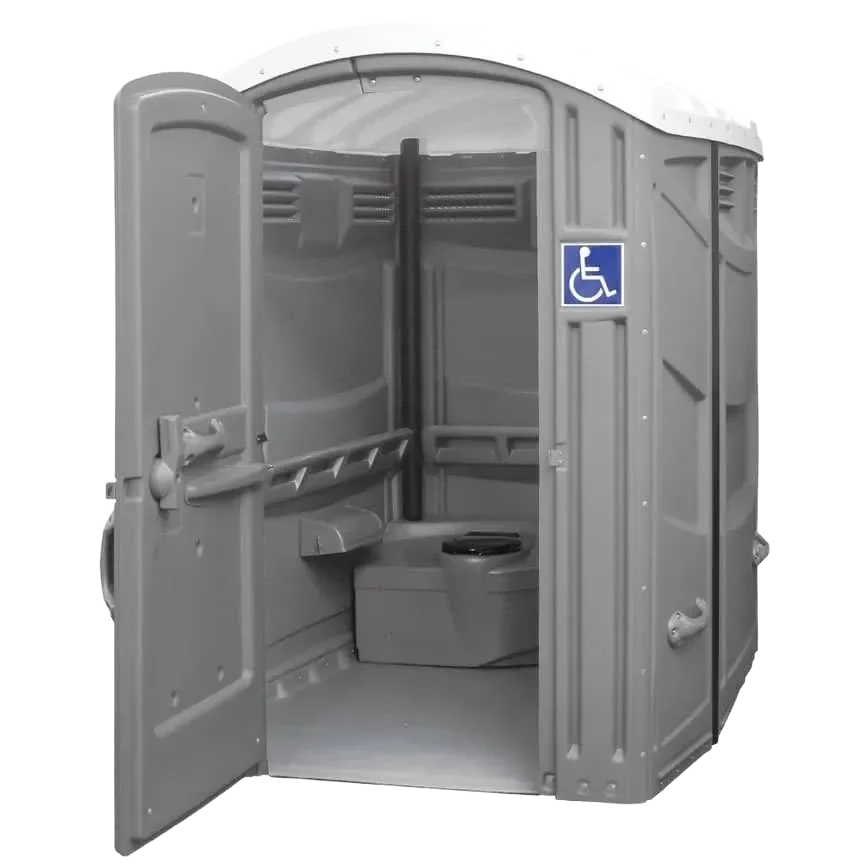 Accessible portable toilet with open door, interior grab bars, and wheelchair accessibility symbol on the exterior.