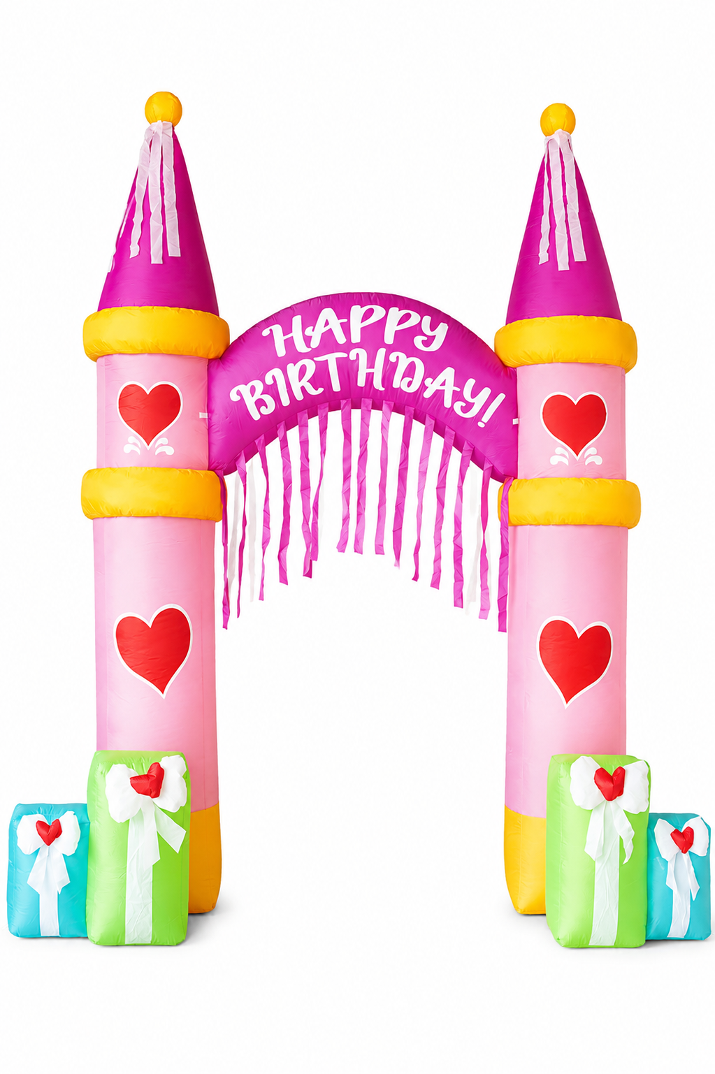 Pink inflatable “Happy Birthday” castle arch with heart accents and colorful gift boxes, displayed on a plain white background in a portrait product photo.
