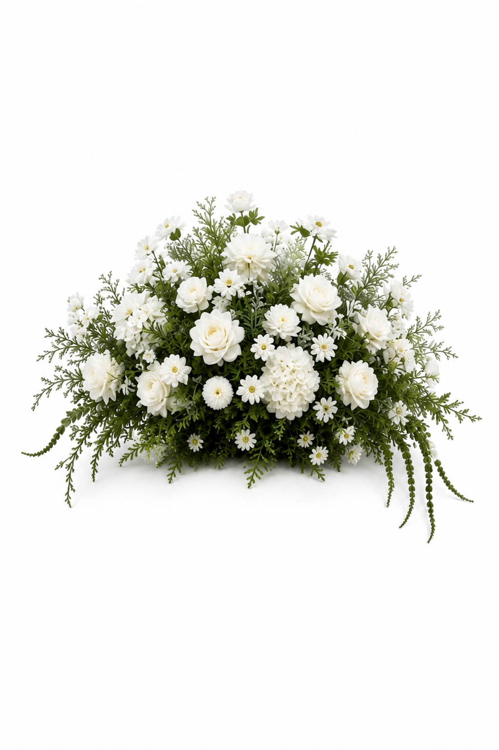 White arrangement: Elegant all-white floral arrangement with roses, hydrangeas, daisies, and trailing greenery on a white background.